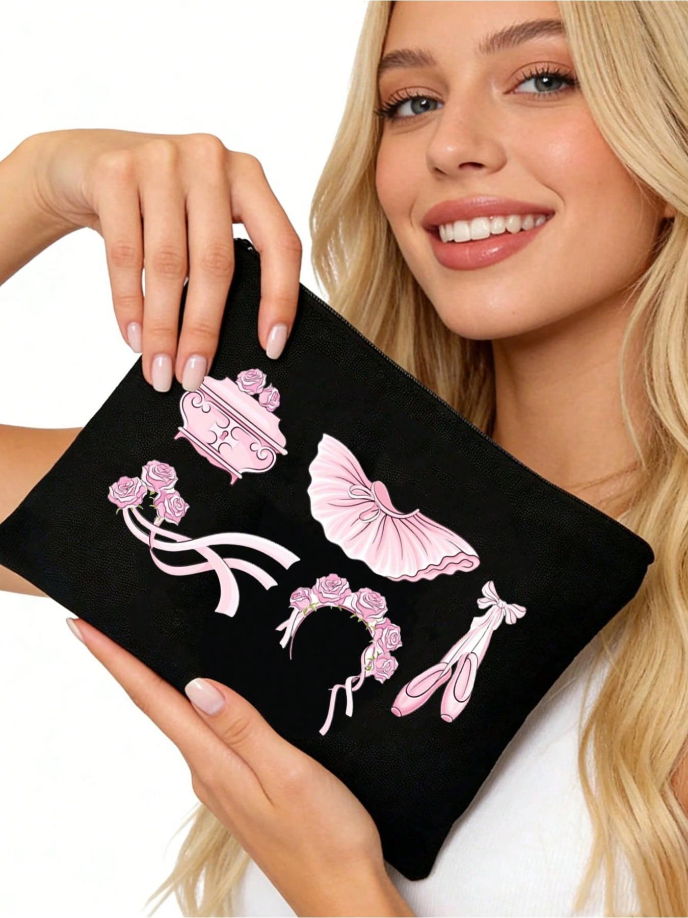 Ballet Pattern Women's Black Makeup Storage Bag, Handbag, Zippered Canvas Bag, Cute Retro Ballet Skirt, Dance Shoes, Rose Element, Bow Element, Vacation Bag, Large Capacity Storage Bag,