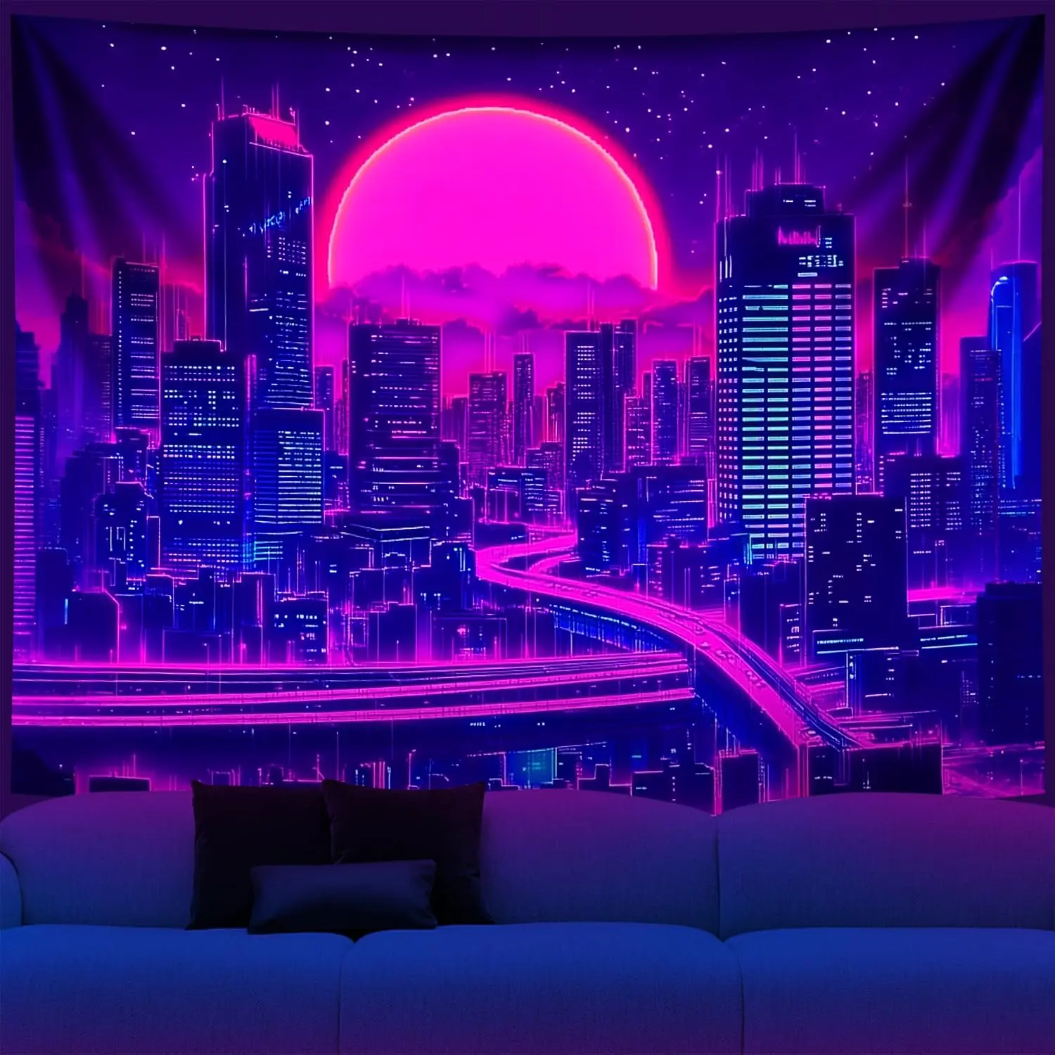 NYZE City Blacklight Tapestry, Japanese Anime Tapestry Punk Game Fantasy Night View Cityscape Futuristic Neon Art Wall Hanging Tapestries for Bedroom Decor 59x51in