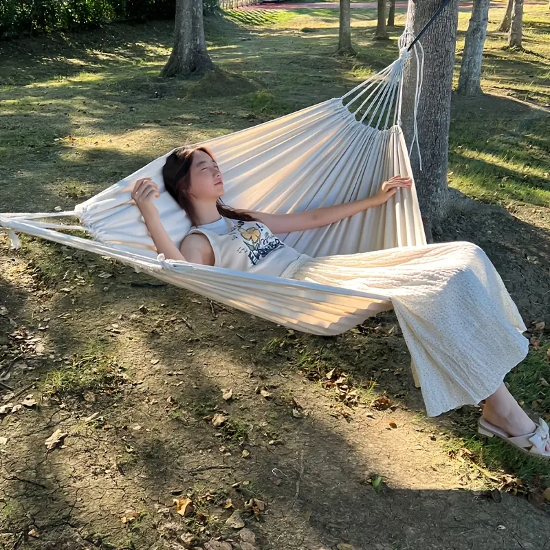 Widened Enlarged Double Hammock Without Bars, High-Load-Bearing Thick Canvas, Adhesive Resin-Fitted Hanging Gear for Family Terrace Daily Rest