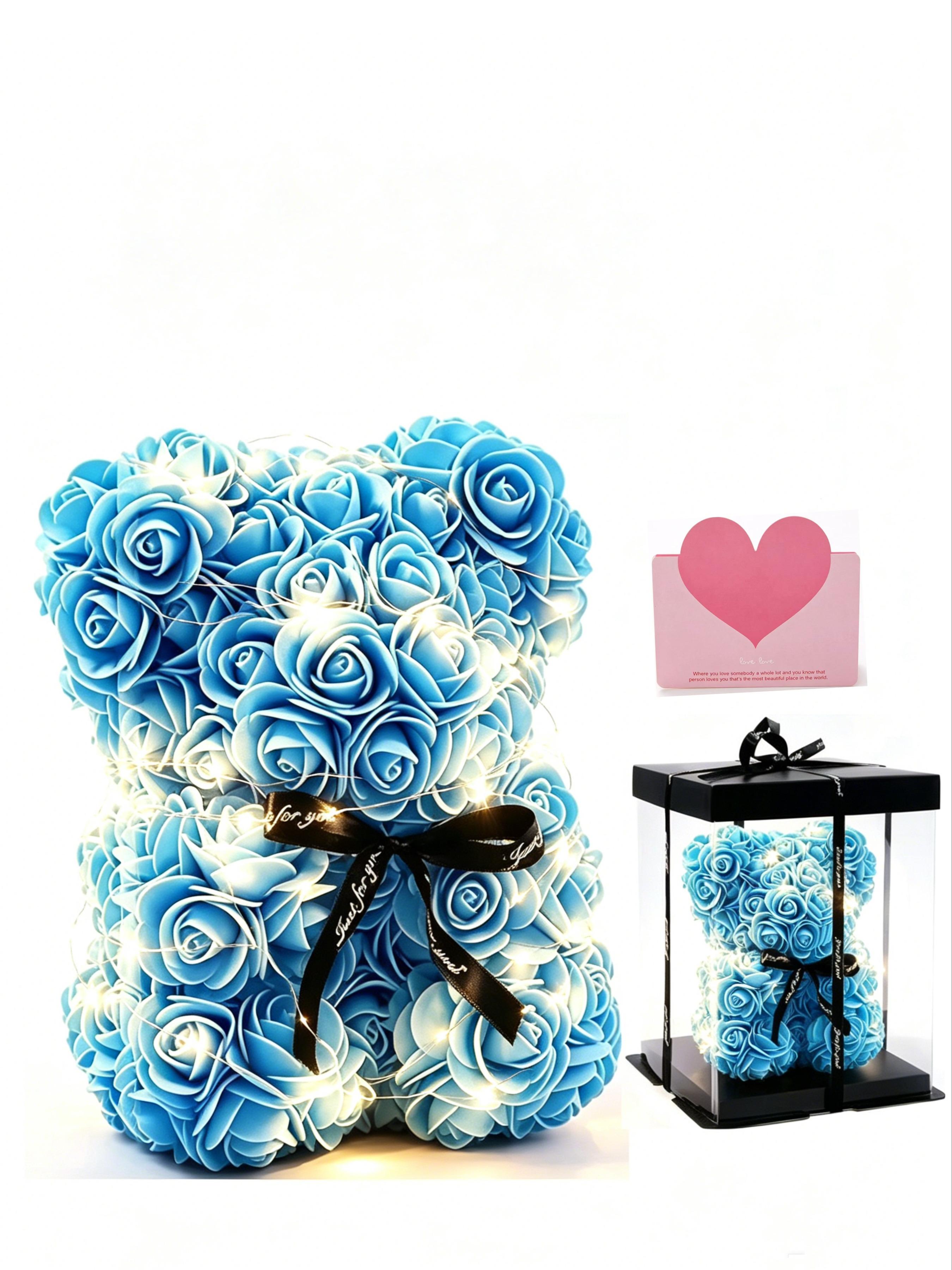 Rose Flower Bear Preserved Flower Gift Box, Valentine's Day Wedding Bouquet, Heart Stone Necklace, Romantic Gift for Girlfriend, Light