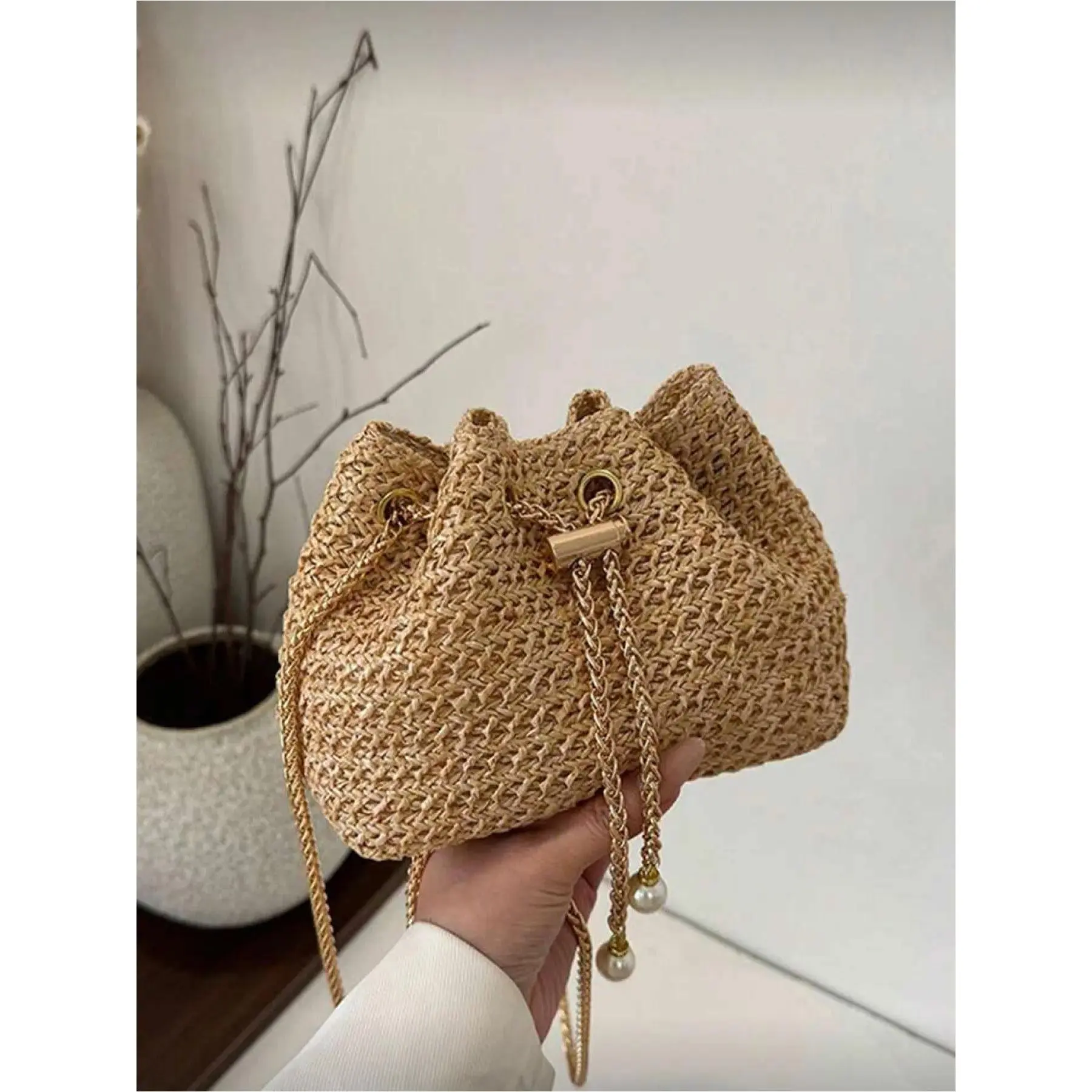 Women's Natural Straw Weave Bucket Crossbody Bags - Drawstring Top, Pearl Chain, Lightweight Elephant Print, for Boho Beach Vacation, Holiday Gift