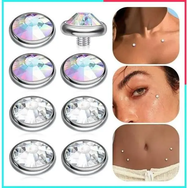 8 Pcs 14G Hypoallergenic Surgical Steel Dermal Piercing Jewelry Set with AB Cubic Zirconia Micro Dermal Tops, Punk Body Jewelry Studs Gift, 3mm 4mm 5mm