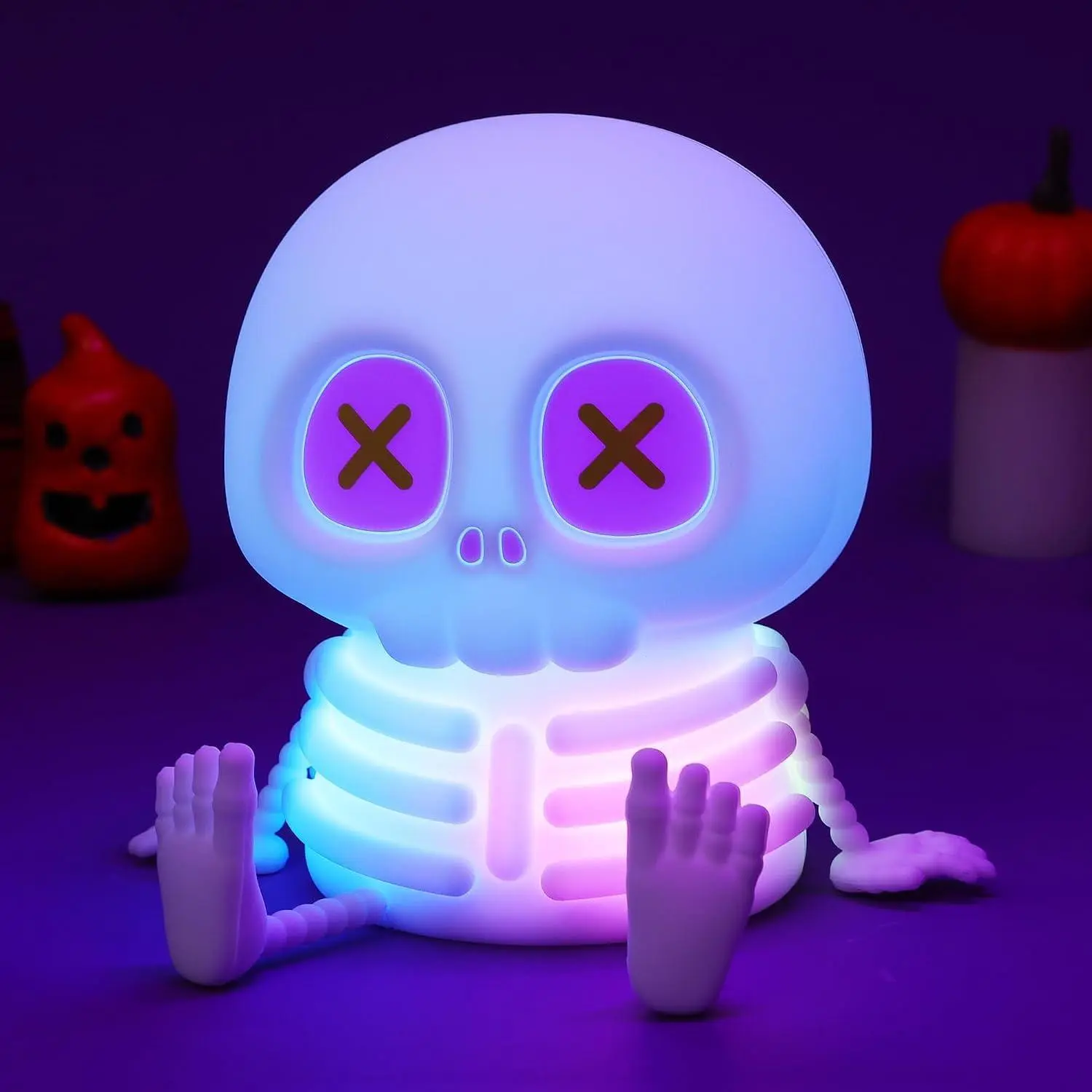 Skull Night Light LED Silicone Color Changing Lamp, Cute Skeleton Squishy Bedside Night Lamp, Dimmable Rechargeable Halloween & Summerween Room Decor, Y2K Aesthetic Ambient Light for Bedroom, Party, Desk & Home Decor, Fun Spooky Cute Gift for Kids, Teens