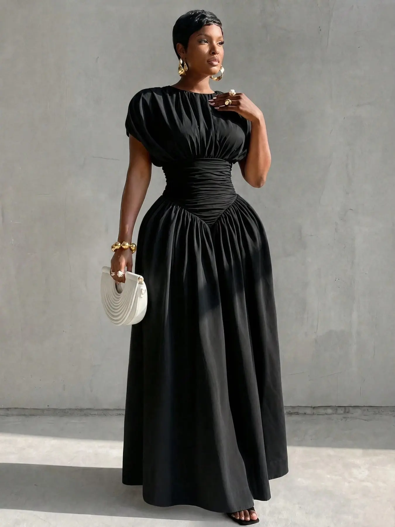 Women's Ruched Waist Maxi Dress, Soft Lightweight Fabric, Flowy A-Line Long Dress, Elegant Feminine Minimalist Style for Weddings & Parties