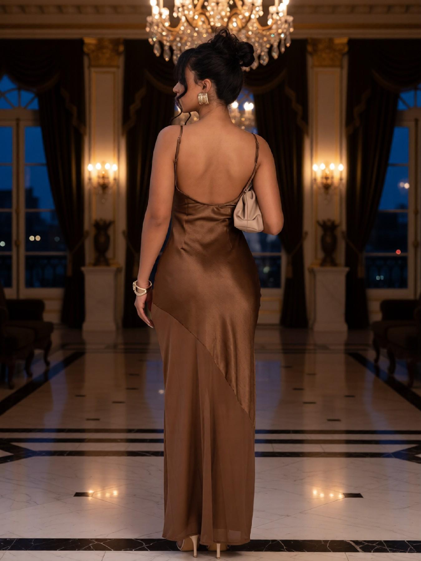 Women’s Satin Slip Maxi Dress Soft & Thin Fabric with Chiffon Hem Elegant Spaghetti Strap Backless Long Dress for Evening Party Wedding Guest Vacation Perfect Gift for All Seasons