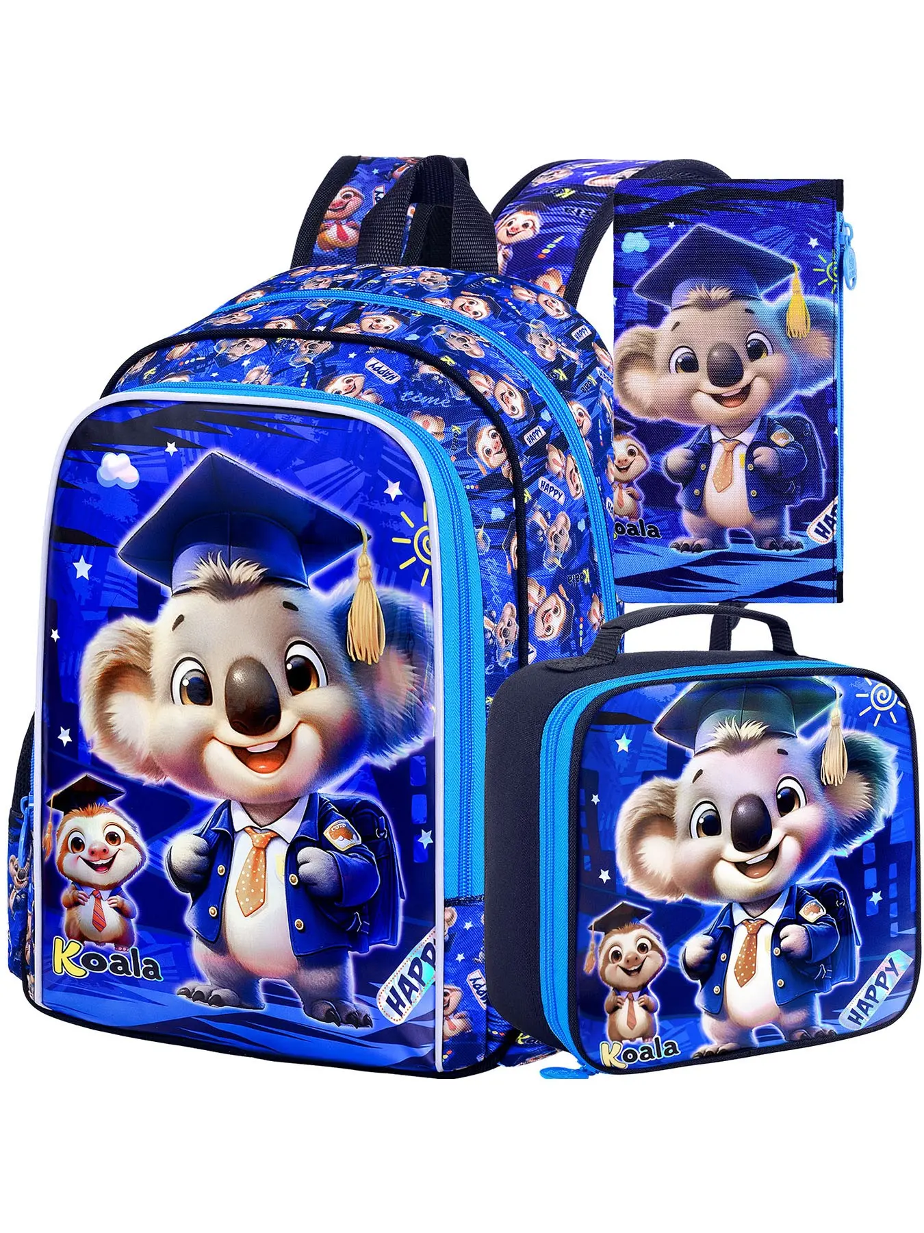 3 Piece Kids Backpack Set, Cute Doctor Koala & Sloth Star Cartoon School Bag, Includes Handbag & Pencil Case, Zip Closure, All Seasons