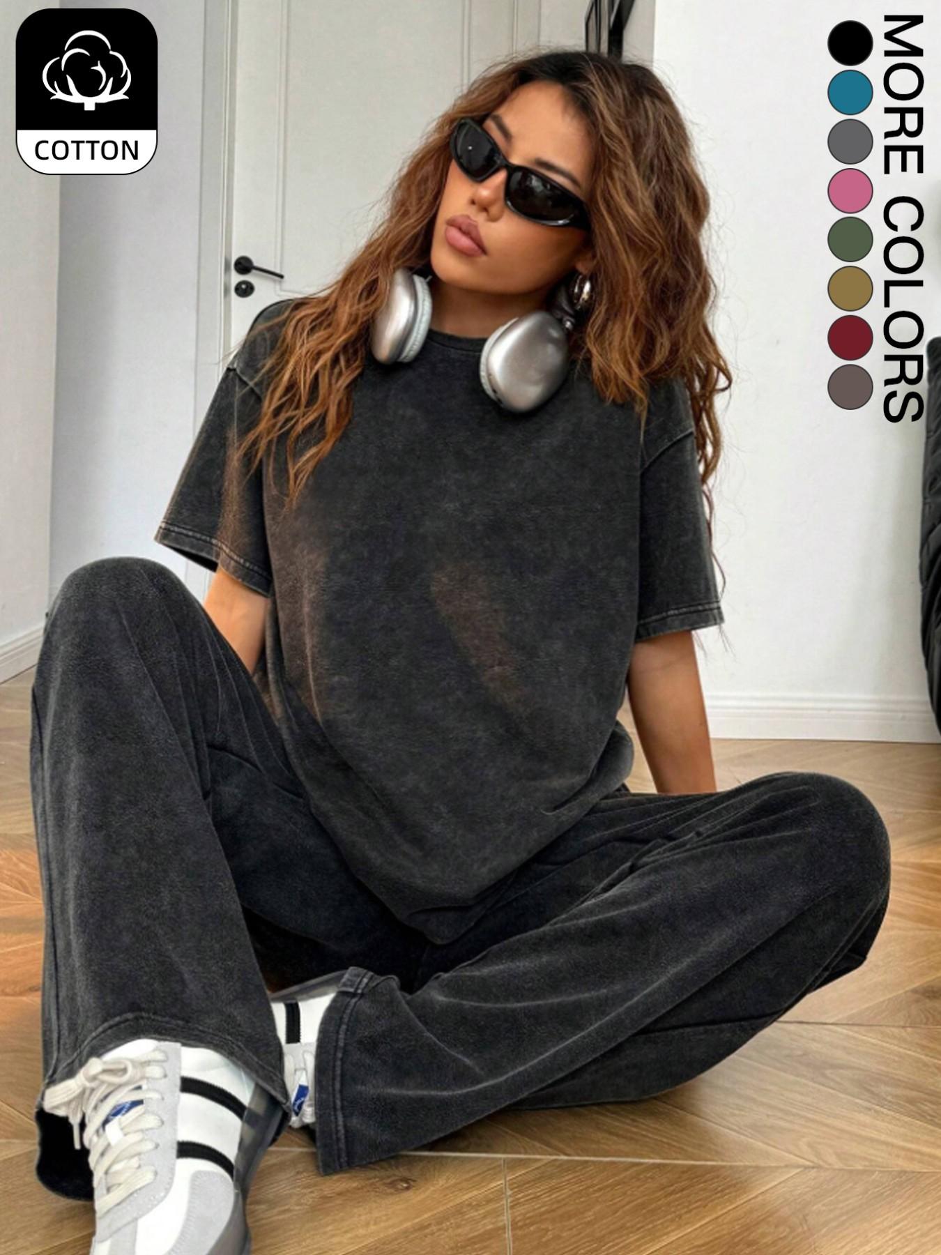Women's Casual Everyday Acid-Wash Vintage Street-Style Soft Cotton Two-Piece Set, Loose-Fit Round-Neck Short-Sleeve T-Shirt and Wide-Leg Pants