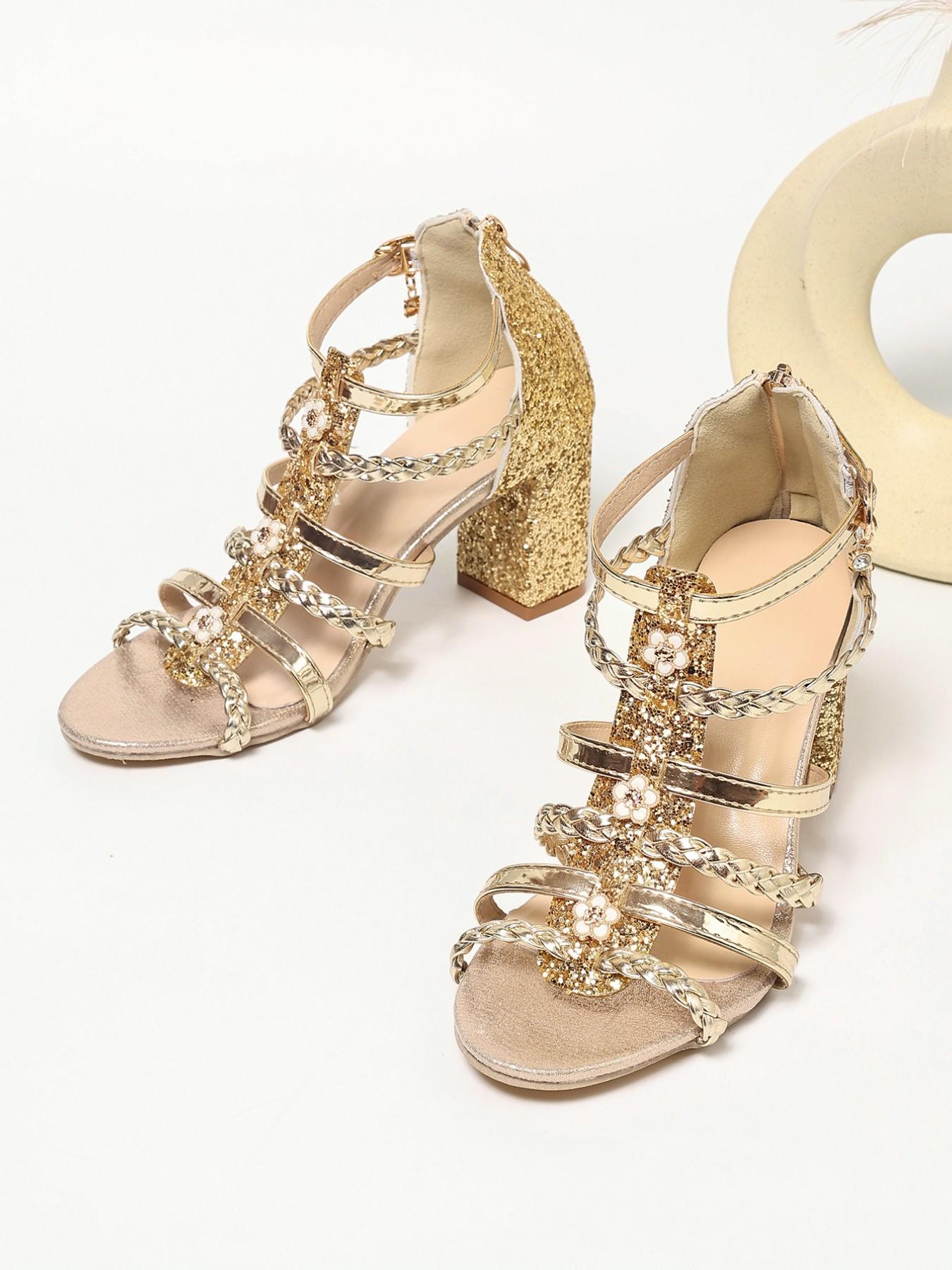 Women's High Heel Shoes, Round Toe, Chunky Lug, Sparkly Braided Strap, Perfect for Parties, Weddings, Summer 2026