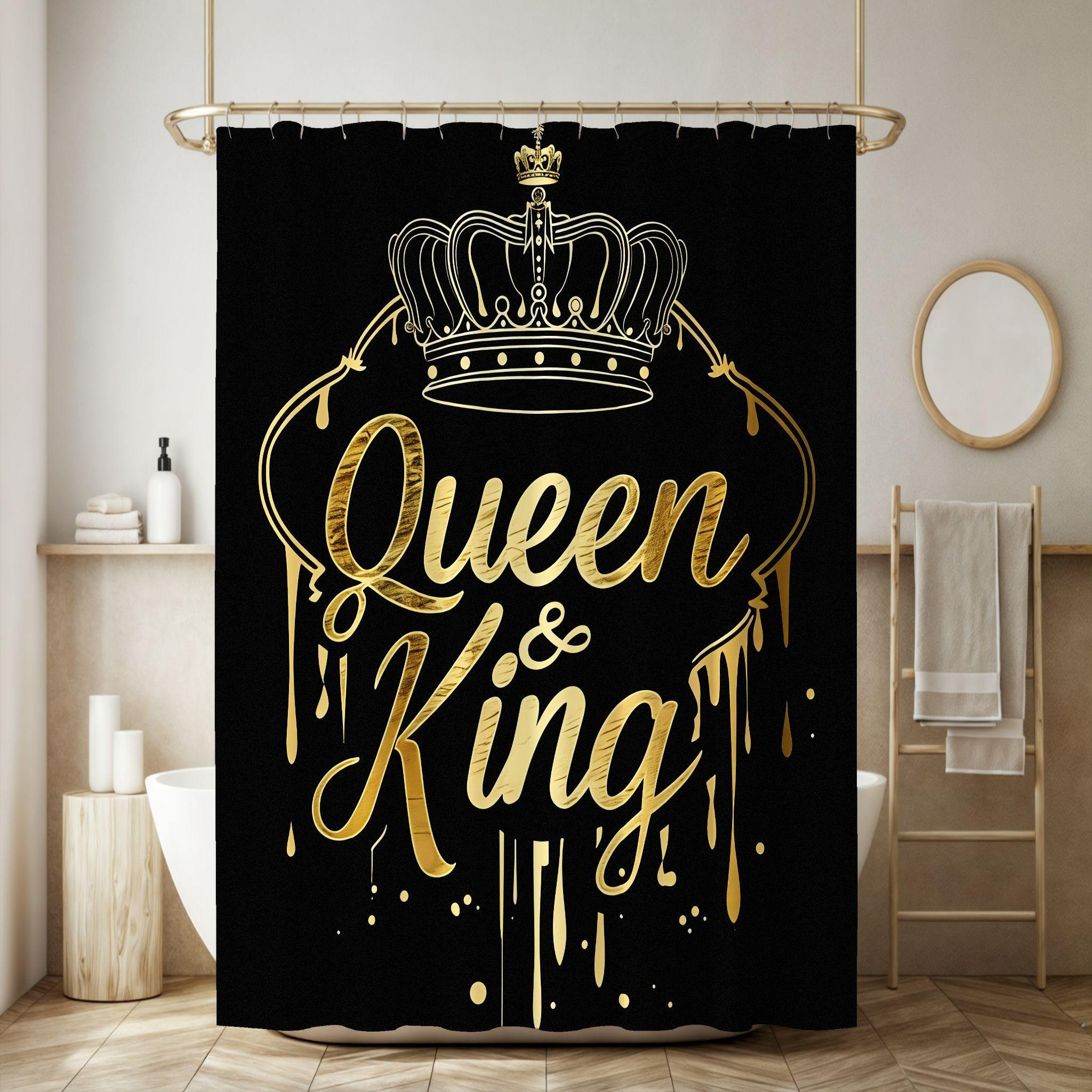 Luxurious Shower Curtain with Design, Queen & King Cursive, Crown Illustration, Ideal for Regal Bathroom Decor