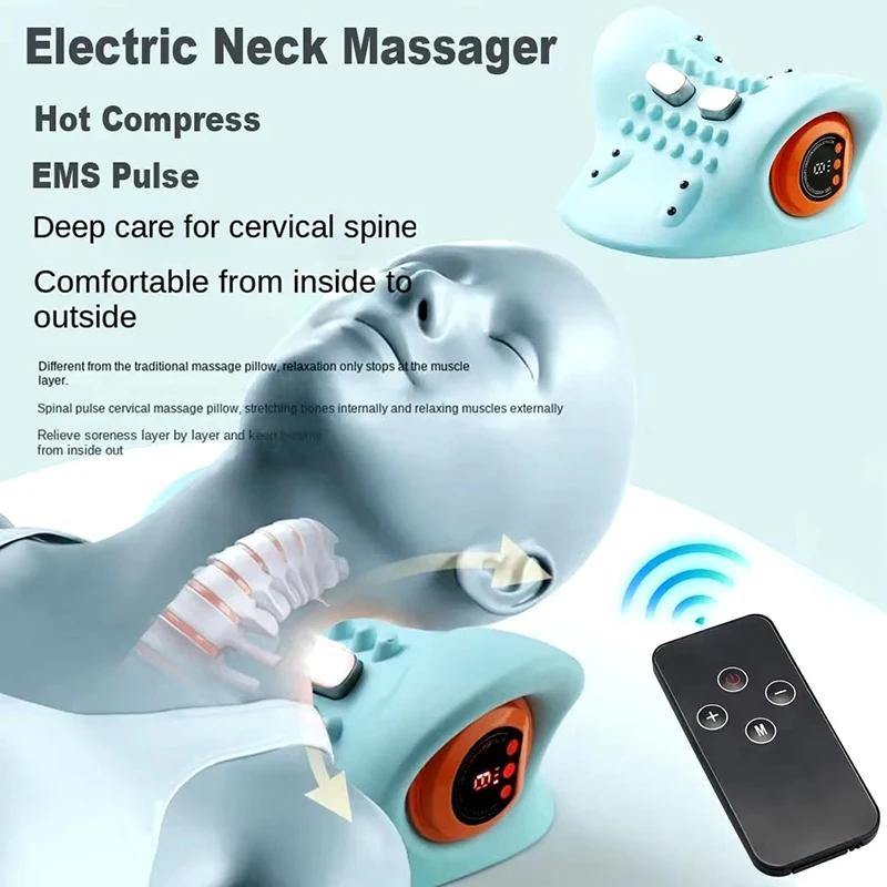 Electric cervical traction massager, neck massager, EMS relaxation and heating kneading massage pillow, ergonomic headrest, for adult neck repair traction, electric neck and head acupoint massage, home relaxation tools, USB charging
