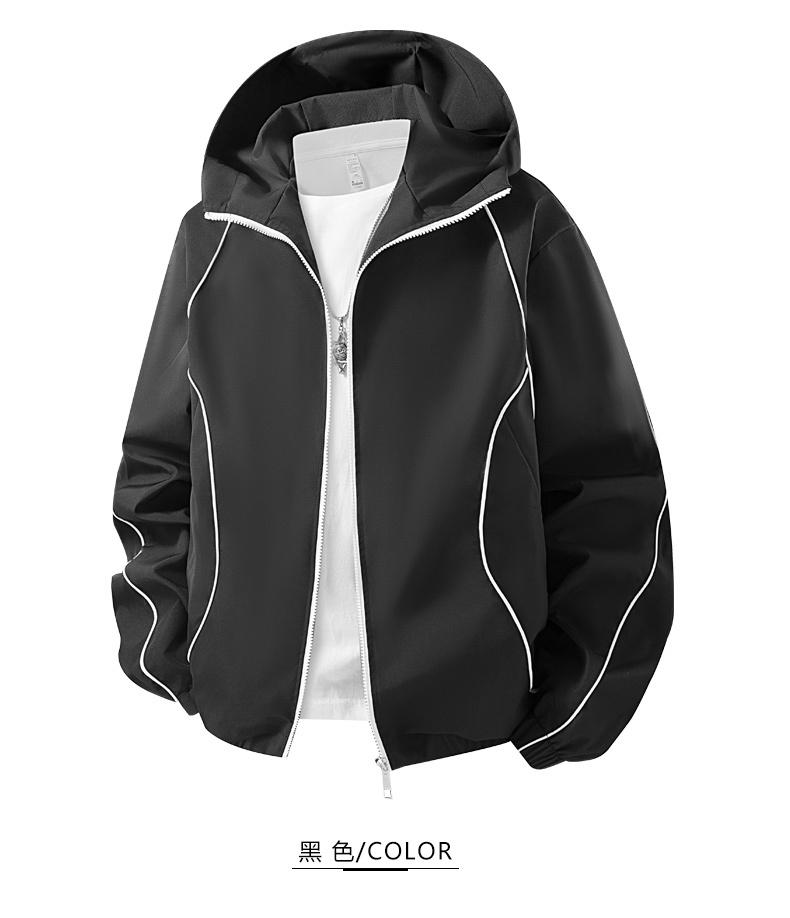 Fashion Men Lightweight Hooded Windbreaker Jacket, Stylish Contrast Curved Piping Design, Relaxed Loose Fit, Minimalist All-Match Windproof Outer Coat Perfect For Spring Autumn Street Looks