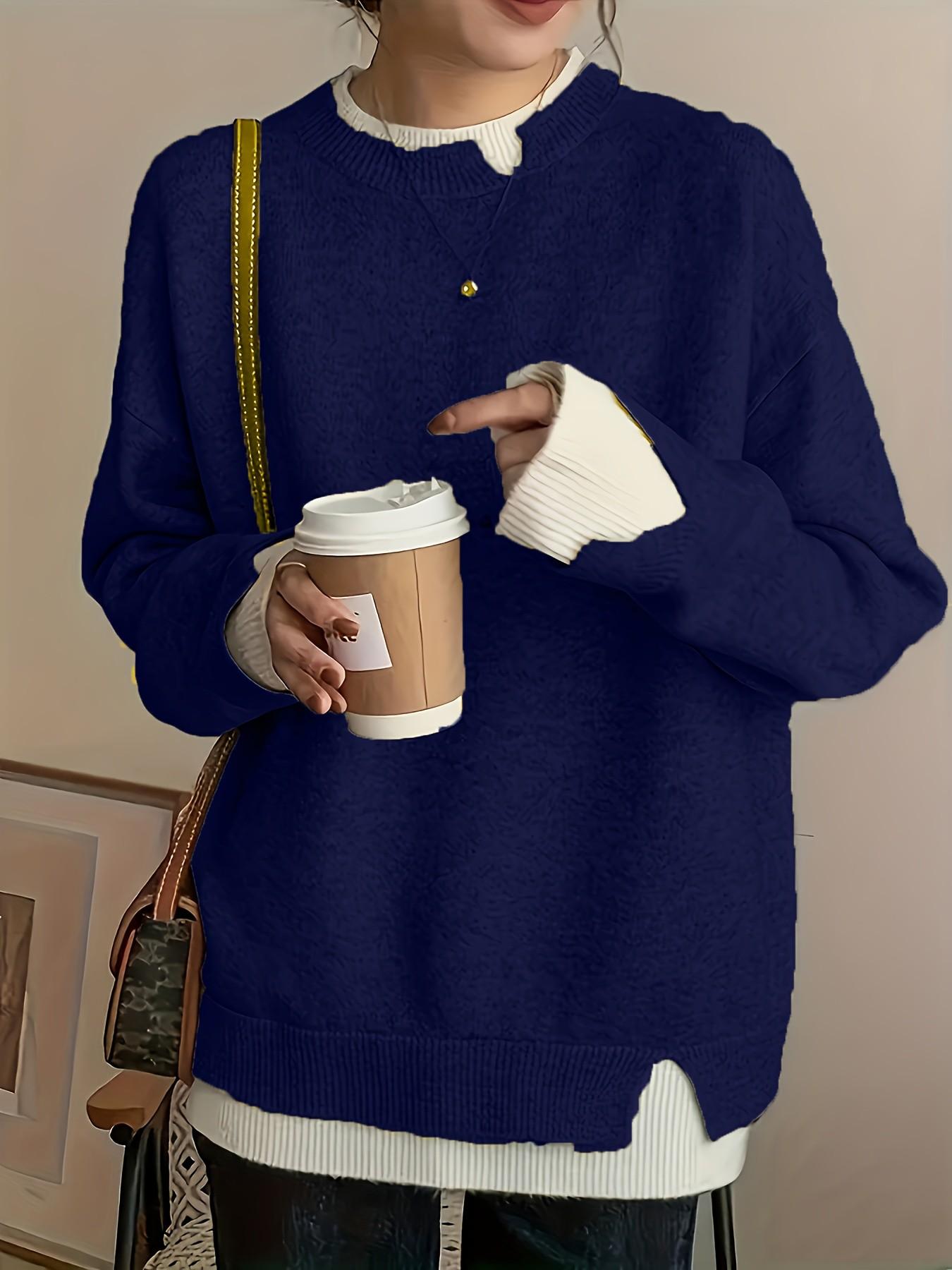 Women's Plus Size Fit Two-Piece Colorblock Long Sleeve Knit Pullover Sweater Knitwear, Elegant Casual Fashion for Spring Summer Fall Winter