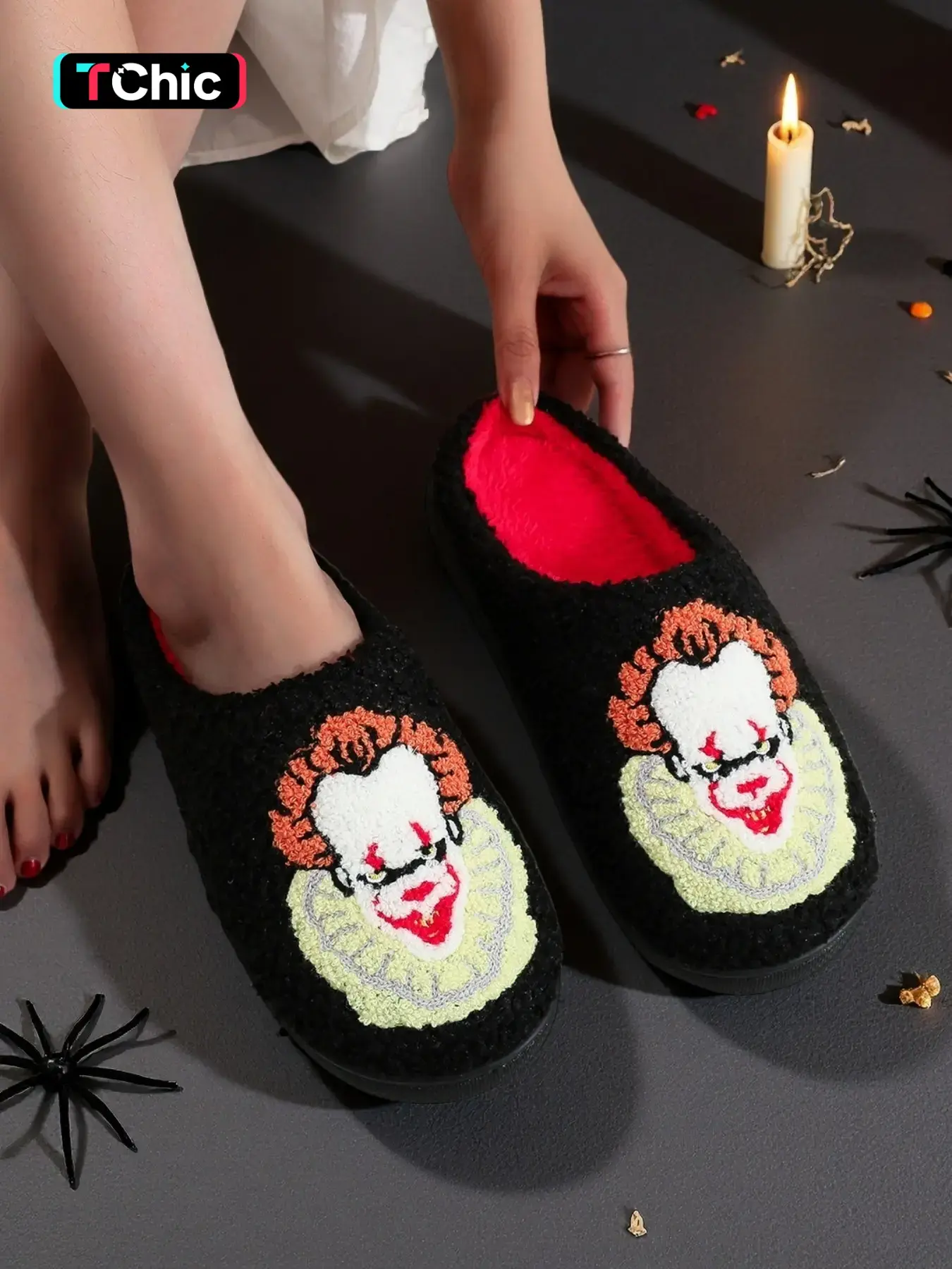 Horror Clown Embroidered Plush Slippers, Soft Comfortable Home Shoes Indoor Slippers for Men & Women, Perfect Halloween Gift, All Seasons Wear, Flat Slippers, Affordable Slippers
