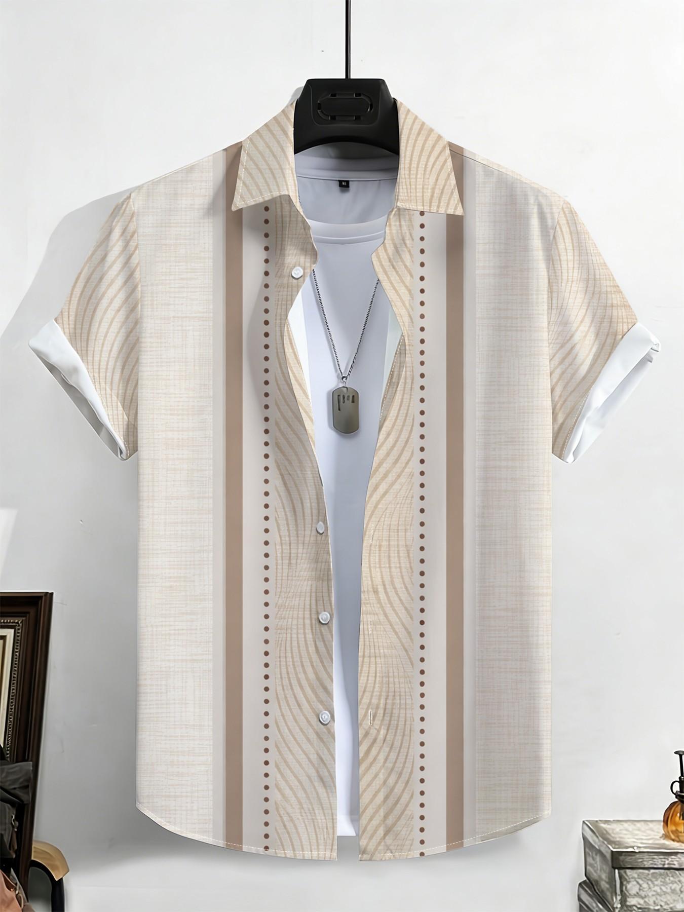 Large Size Men's Polka Dot Vertical Stripe Shirt, Summer Loose Fit Breathable Short Sleeve Shirt, Simple Casual Commute Top