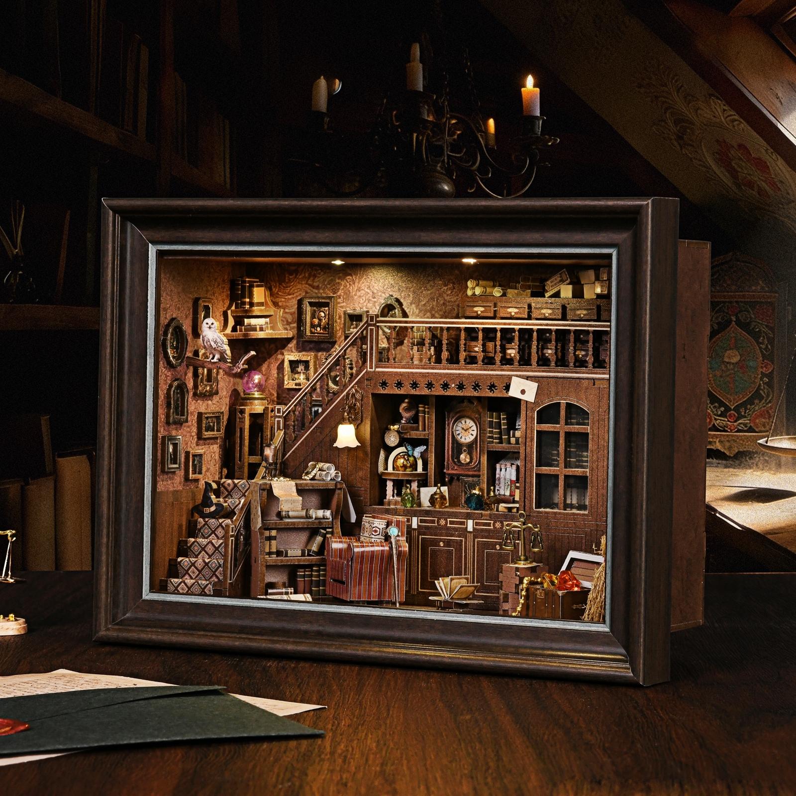 Book Nook Kit Secret Attic DIY 3D Wooden Puzzle, Bookshelf Insert Dollhouse Model, Bookend Building, Home Decoration, Photo Frame