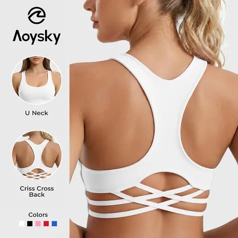 Aoysky Women's V Neck Yoga Workout Bra - Elastane Solid Strappy Sports Bra, Criss Cross Racerback, 3/4 Coverage, Lightly Lined Wire-Free Breathable, Stretch Fit, Smooth Gym Workout Apparel