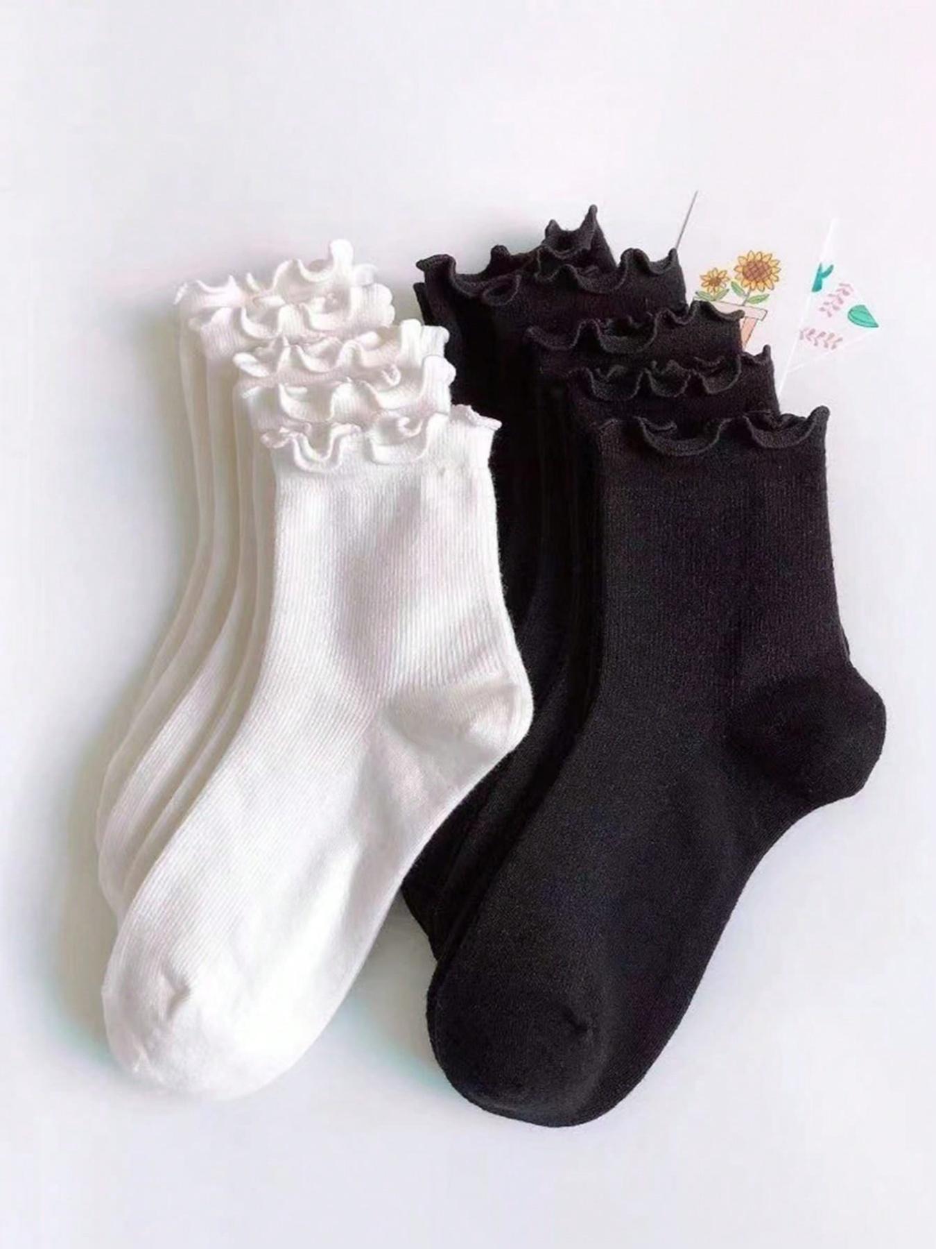 10 Pairs Women's White Frill Trimmed Casual Mid-Calf Socks, Women's Casual Crew Socks, Comfort Breathable Sports Socks, Athletic Socks, White Socks, Moisture Wicking, Anti Bacterial, Anti Stink