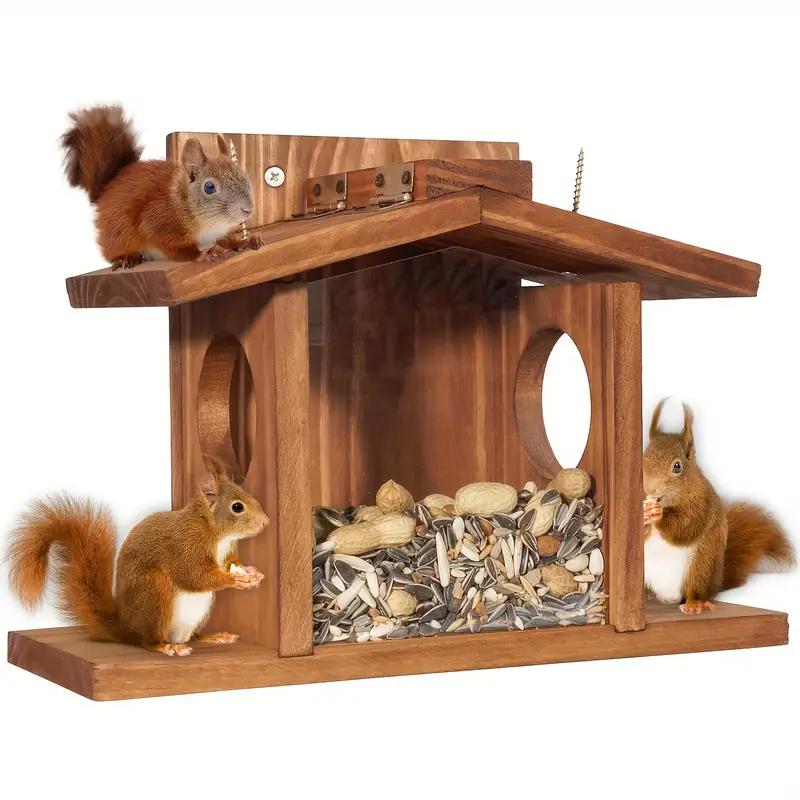 Wooden Squirrel Feeder Set, Winter Outdoor Squirrel Feeder, Corn Peanut Wood Chipmunk Feeder, Durable Box Easy Fill, Detachable Front Panel