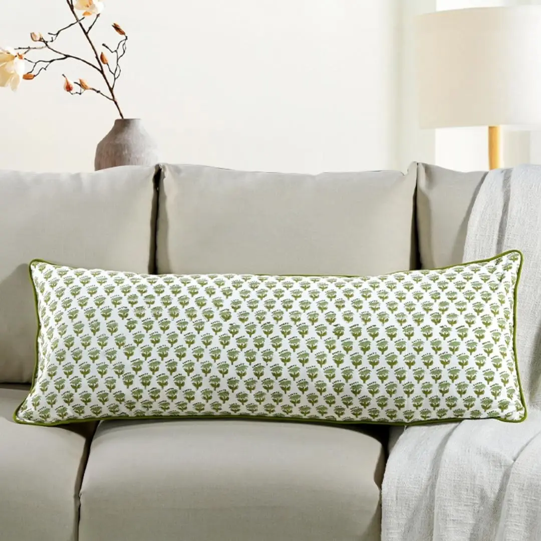 Emerald Green 100% Cotton Block Print Sham Cover 14x36 inch, Handmade Boho Floral Pillowcase, Farmhouse Cottagecore Bedding, Soft Decorative Cushion Cover Gift Spring, Mother's Day