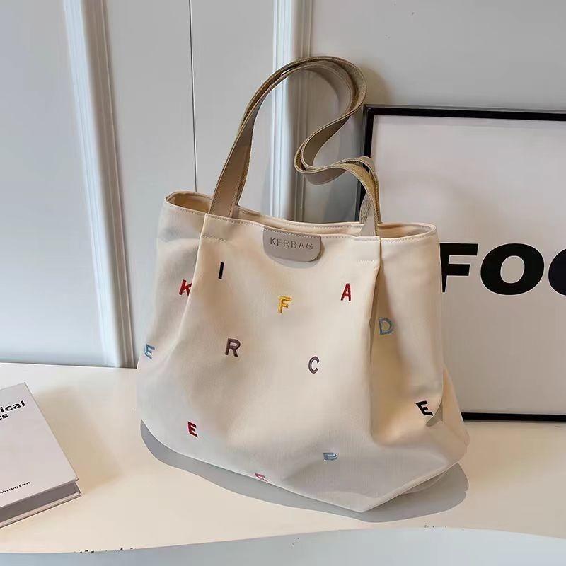 Women's Large Capacity Canvas Tote Bag, Trendy Embroidered Letter Shoulder Bag, Fresh Style Handbag for Students