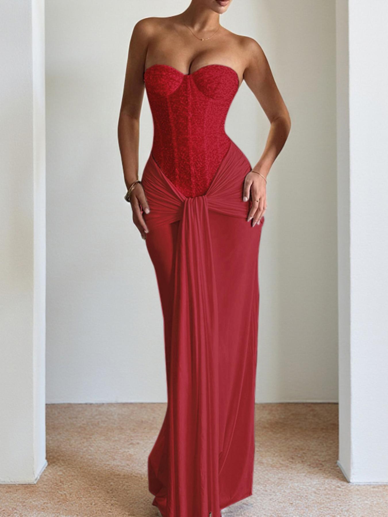 Elegant Strapless Corset Bodycon Long Formal Dress, with Ruched Detail, Perfect for Evening Prom Party