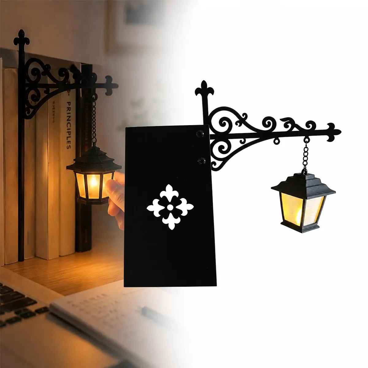 Library Lantern Bookshelf Lamp, Vintage Hanging LED Bookshelf Lights with Bookend-Style Base, Warm Decorative Bookshelf Lighting for Book Nook, Home Library, Study and Reading Corner