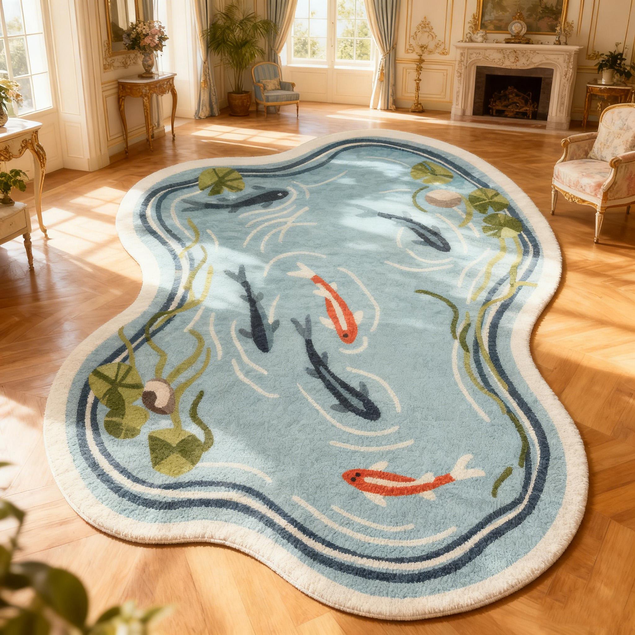 New Oriental Koi Pond Irregular Shape Carpet, Balcony Sunroom Natural Plush Mat, Lotus Leaf Water Grass Fish Pattern Home Decor Non-Slip Thick Rug, Botanical Area Rugs #TOP PICKS