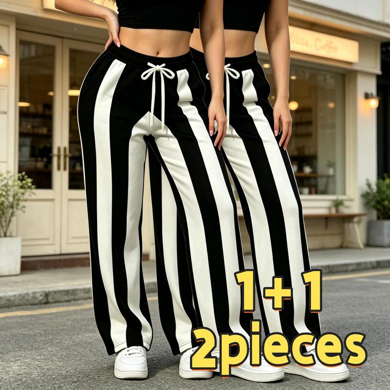 2PC-Women's Velvet Work Pants, White Striped Wide Leg Sports Pants with Velvet Edge on The Inside, Adjustable Drawstring Elastic High Waist, Warm and Soft Knitted Loose Pants, Fashionable Street Pants for Autumn and Winter Leisure and Fitness Activities