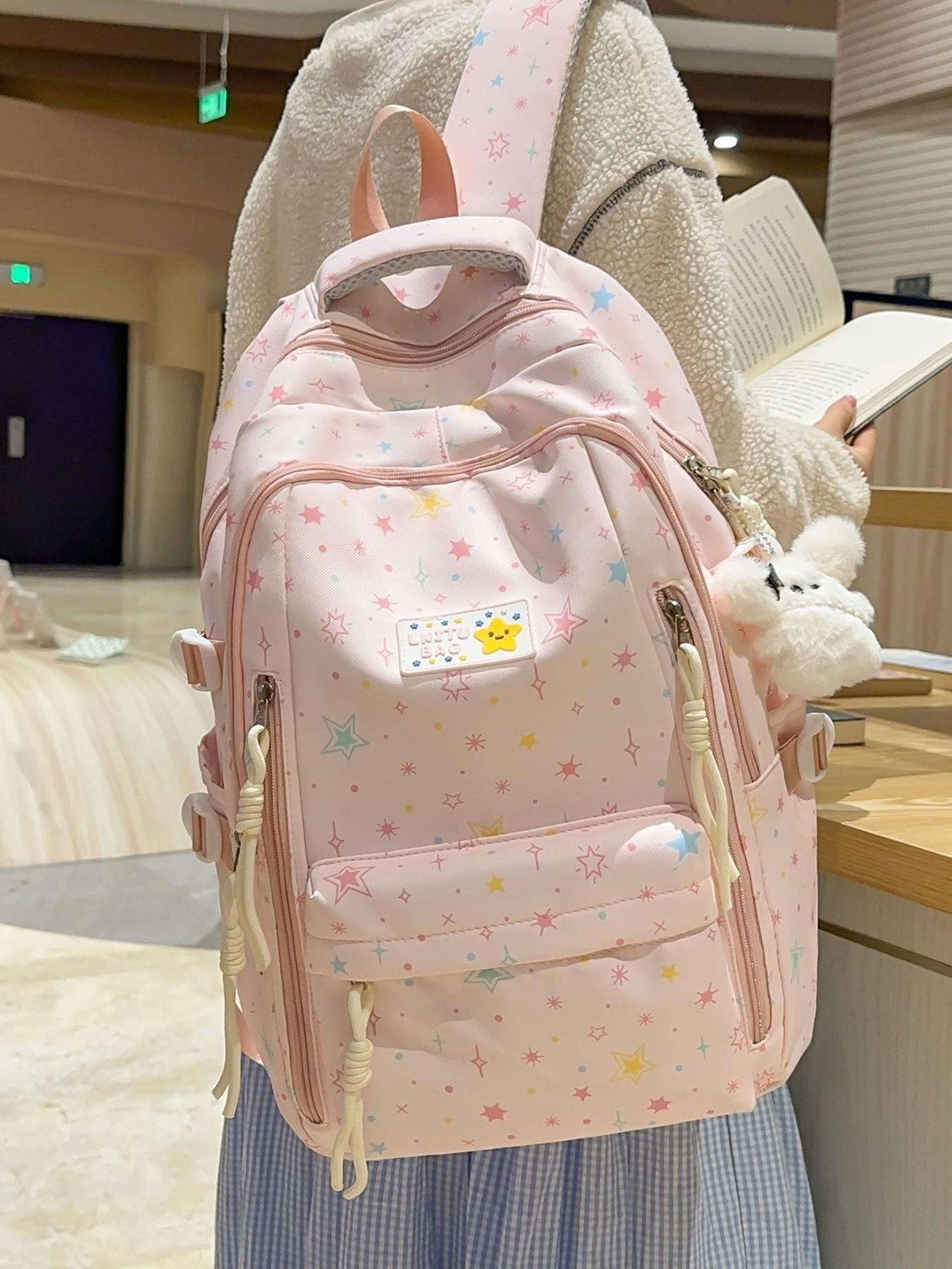 2026 New Cute Waterproof Fashion Star Pattern Backpack, High School Student Book Bag, Large Capacity Dual Shoulder Bag with Charm