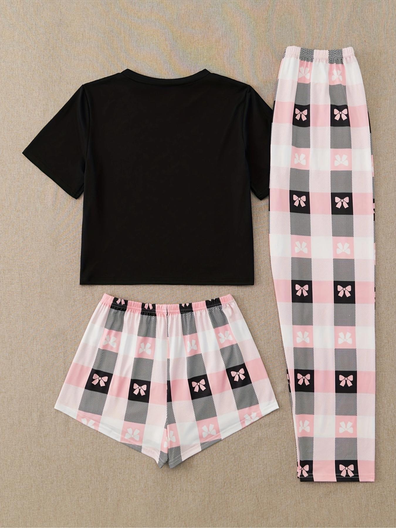Three-Piece Set Women's Bowknot & Plaid Print Pyjama Set, Short Sleeve Round Neck Tee & Elastic Waist Shorts & Pants Lounge Set, Women's Sleepwear for Summer Valentine's Day Pajamas