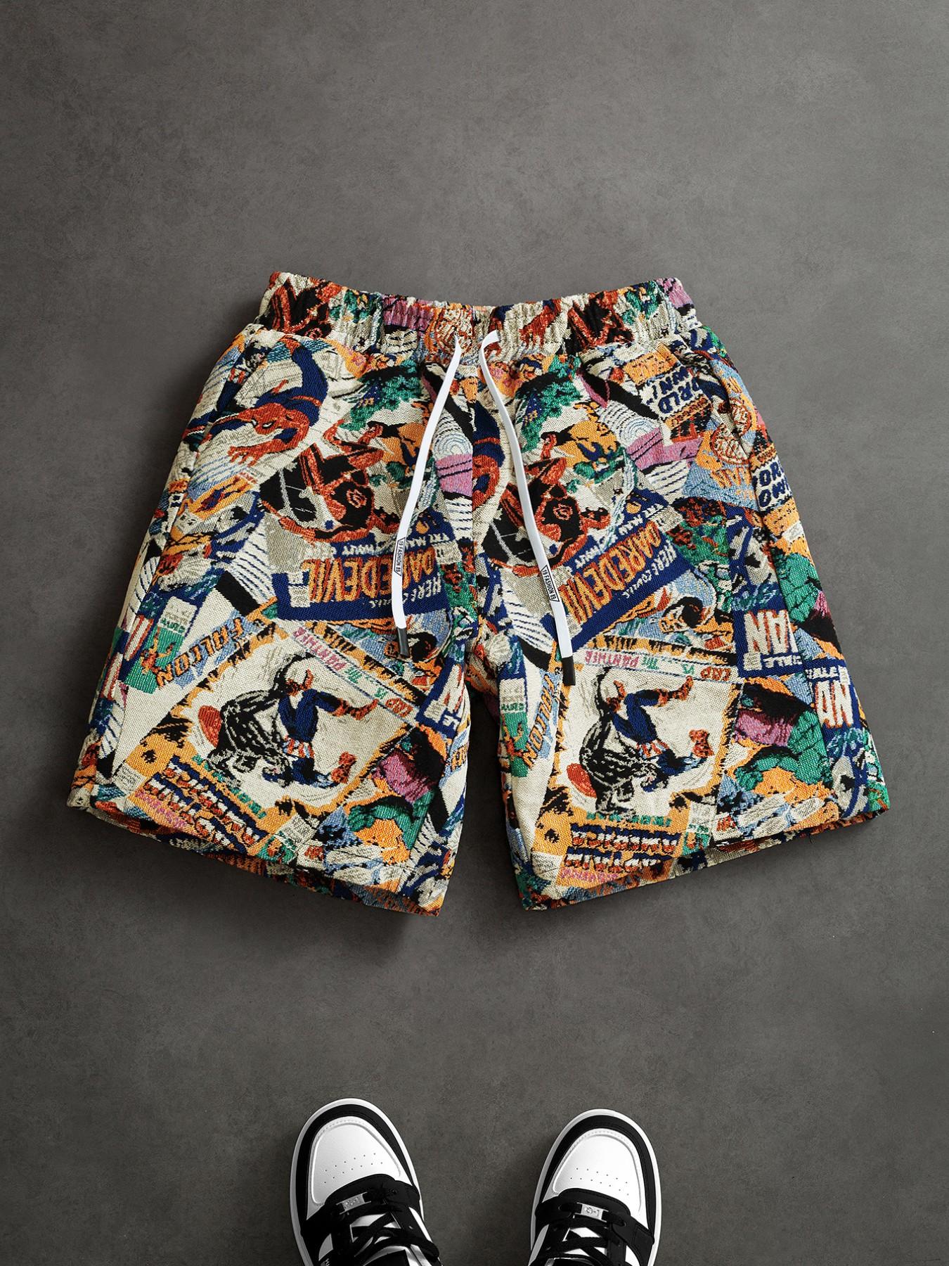 Men's Retro Comic Style High Street Shorts, Loose Fit with Drawstring Waist, Full Print, Summer Cool Breathable Essential, Casual Shorts Men's Retro Comic Style High Street Shorts, Loose Fit with Drawstring Waist, Full Print, Summer Cool Breathable Essential, Casual Shorts