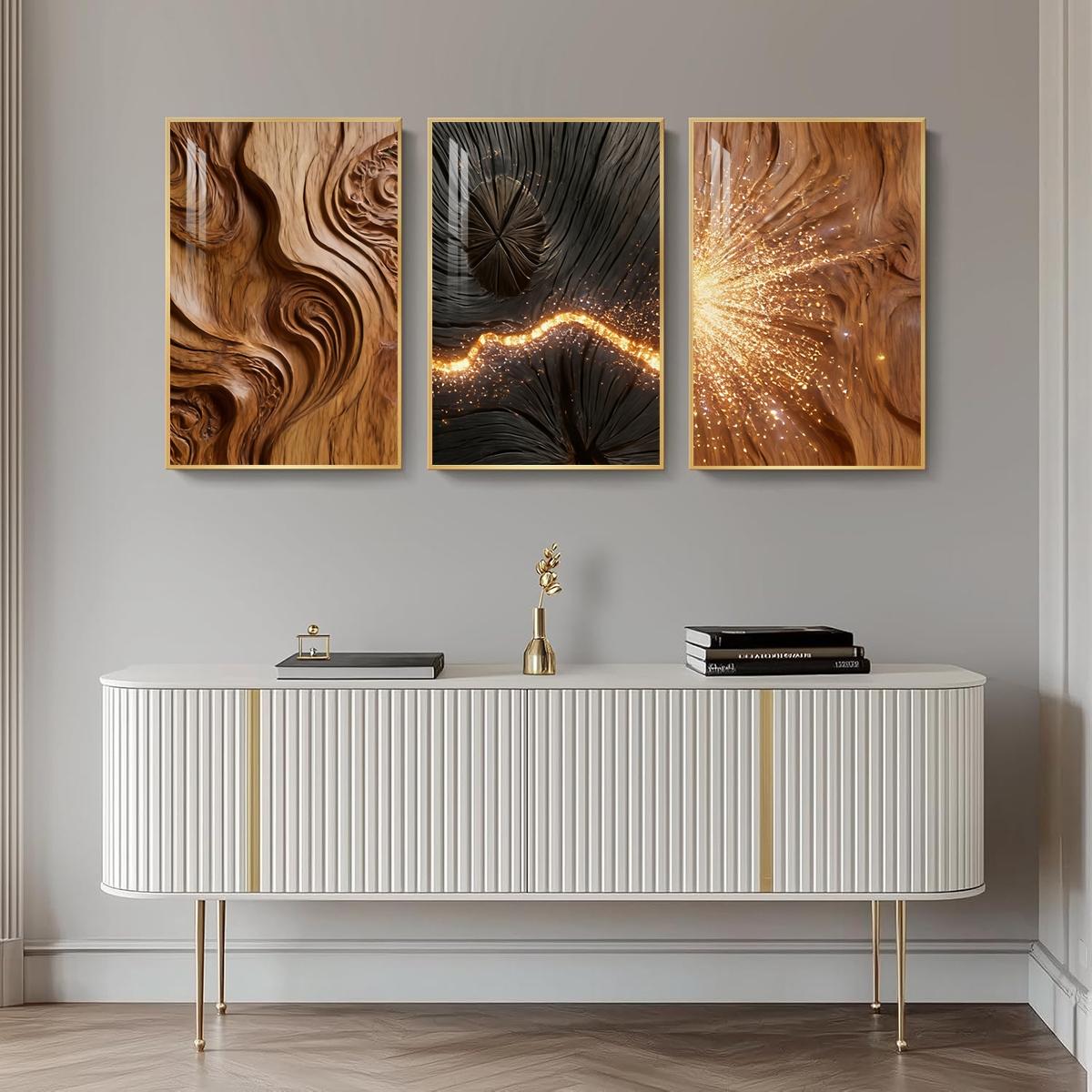 3 Counts Aluminum Alloy Framed Painting, Abstract Wood Texture And Golden Spark Art Pictures, Home Decoration For Living Room, Bedroom, Office, Restaurant, Hallway Wall Decor, Odorless Print Artwork, Luxury Perfect Gift For Friends And Family