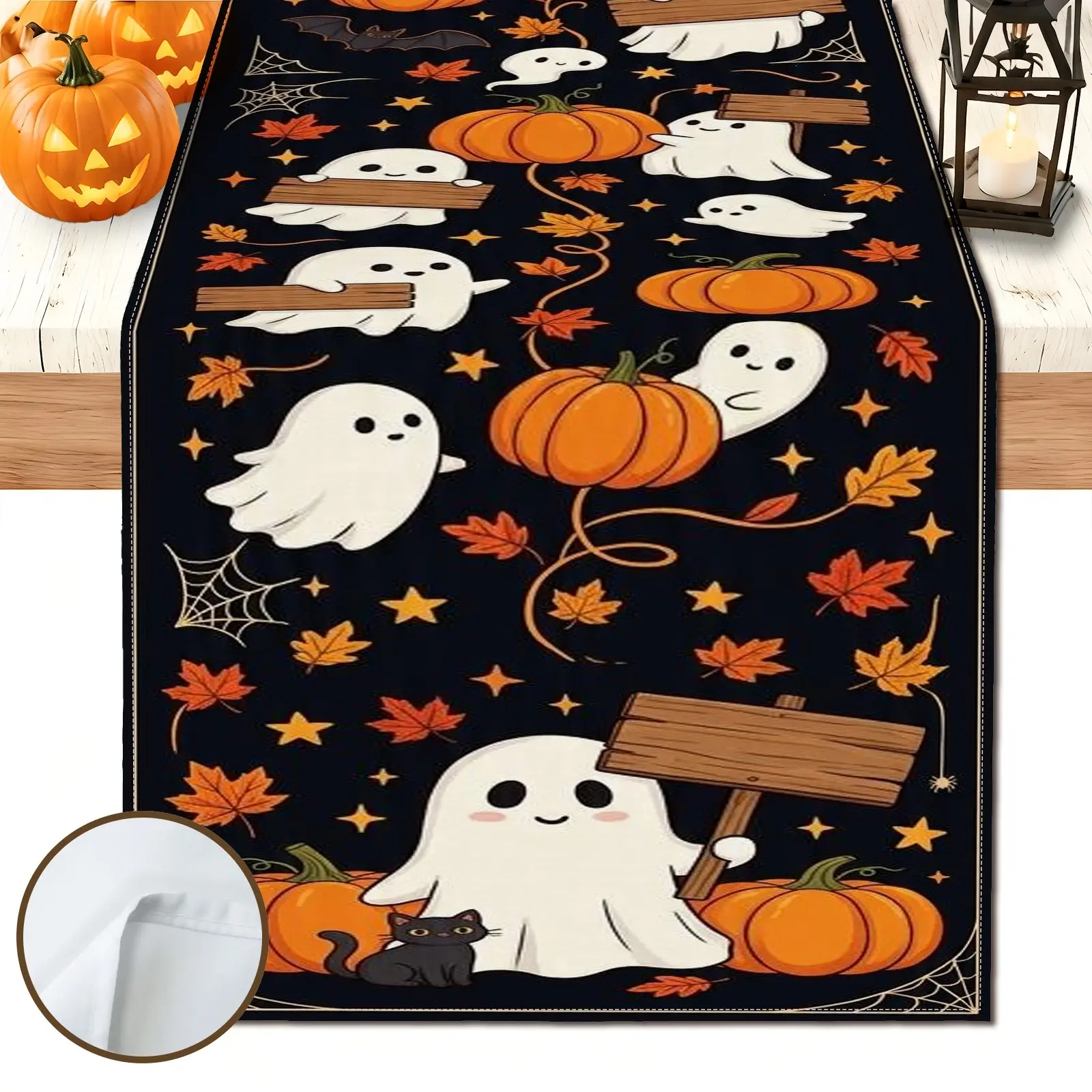 1pc Black Ghost Sign Table Runner, Halloween Fall Cartoon Style, Black White Ghost Wood Sign Pumpkin Kitten Star Pattern, for Halloween Party Table Decor.