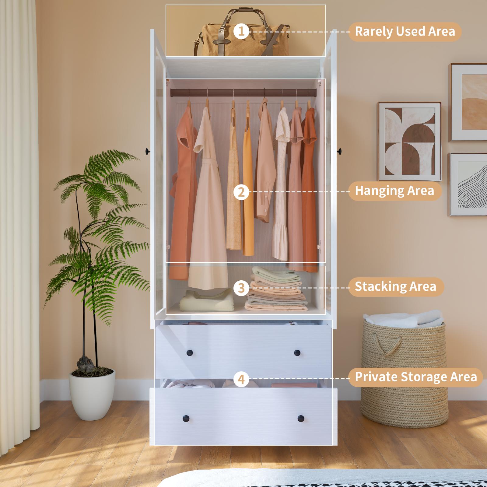 【2 Packages Delivery】VOWNER 71'' White Wardrobe Closet with Fluted Glass Door, 2 Drawer & Shelf, Wood Armoire Storage Cabinet for Bedroom