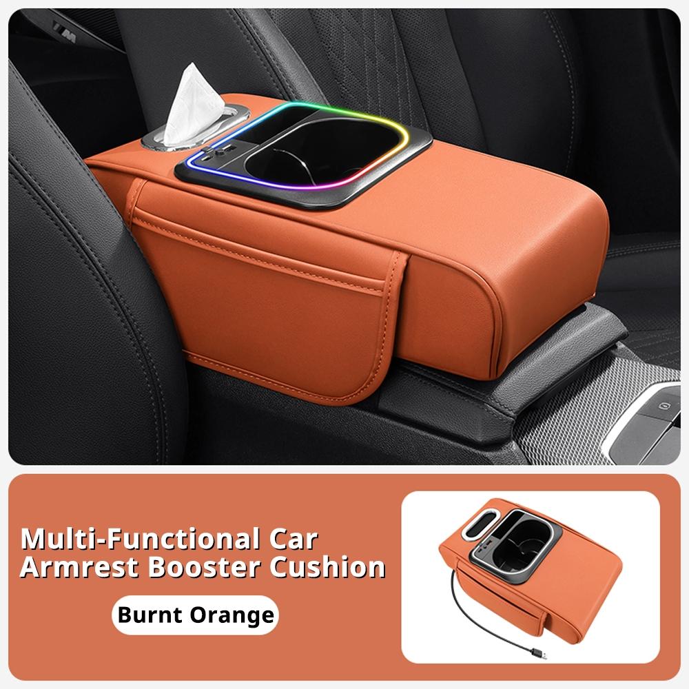 Car Multi-Functional Handrest Storage Cushion, Fast Charging Type C & Type a Dual Ports, Music Sync RGB Ambient Light, Easy Install, Car Armrest Box Accessories,  Car Console Organizer