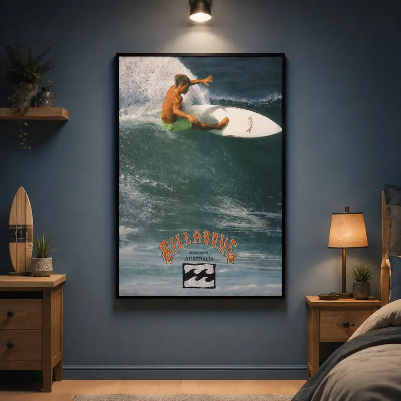 1990 Billabong Surfing Poster, Vintage Wall Art, Beach Wall Decor, Dorm Decor for Guys, Home Accessory, Unique Gift, Wood-Metal Frame, Coastal Room Decor, Surf Lover Gift, Retro Surf Art, Man Cave Decor, Ocean-Themed Decor