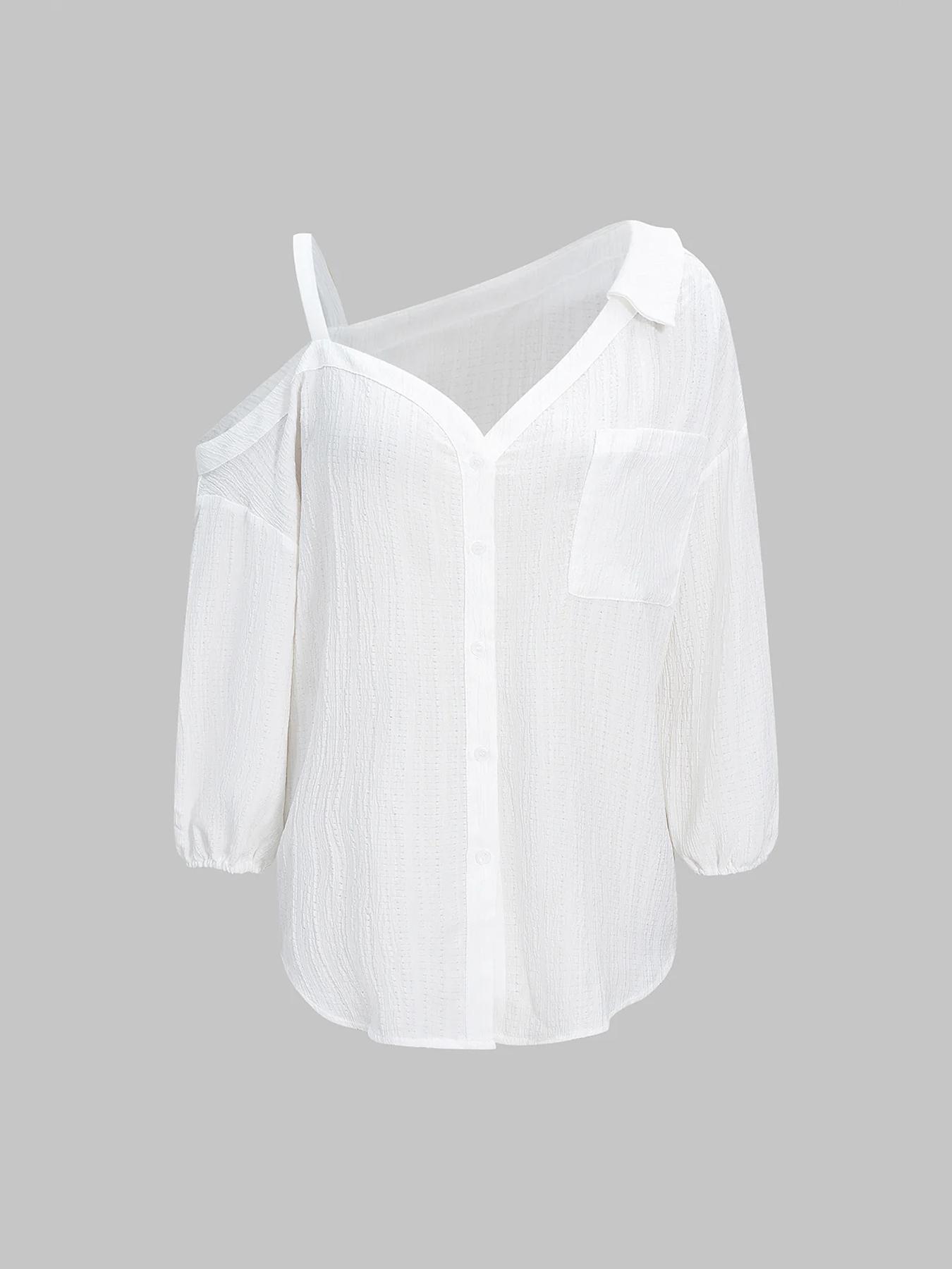 Women's Asymmetric Neckline Cold Shoulder Blouse, Collared Button Down 3/4 Sleeve Design, Textured Fabric, Clean Girl Top, Casual Chic Style Clothes for Vacation, Beach and Daily Wear, Spring & Summer Wear