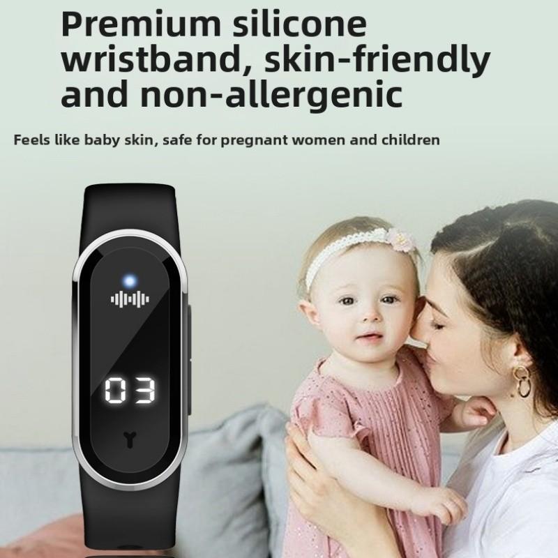 Ultrasonic mosquito repellent wristband, chemical-free bite-prevention device, with three adjustable modes, equipped with digital light display, suitable for outdoor activities, nighttime use and household use. With running count function