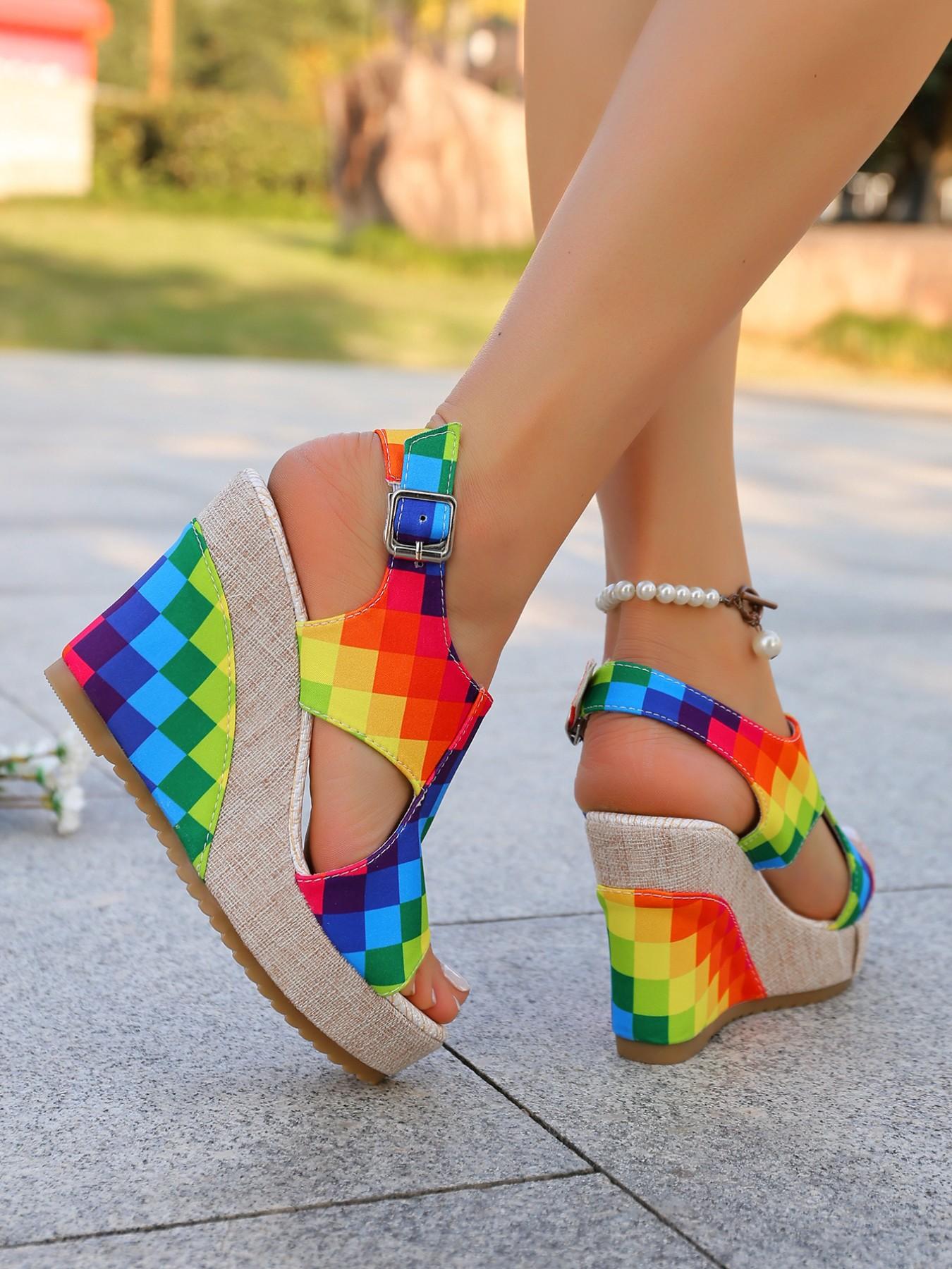 Women's Boho Rainbow Wedge Sandals, Adjustable Back Strap, Thick Sole, Anti-Slip, Comfortable, Multi-Color, Beach Vacation Shoes