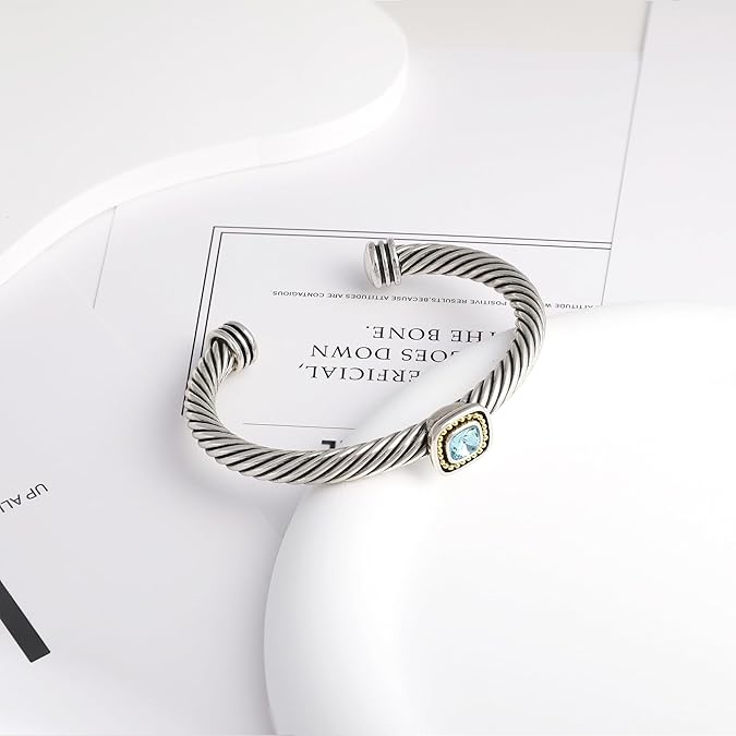 Aprilery Twisted Cable Wire Rings Bracelet & Earring – Vintage Blue Zirconia Statement Ring Bracelet & Earring Set for Women