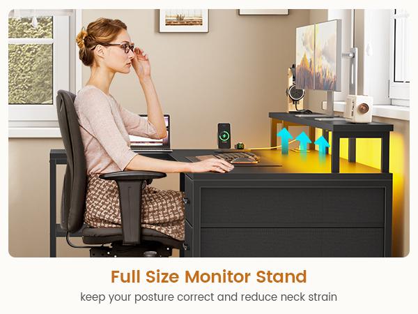 SEDETA 47.2 Inch L Shaped Desk with 4 Drawers and Storage Shelves L Shaped Gaming Desk with LED Lights Power Outlets