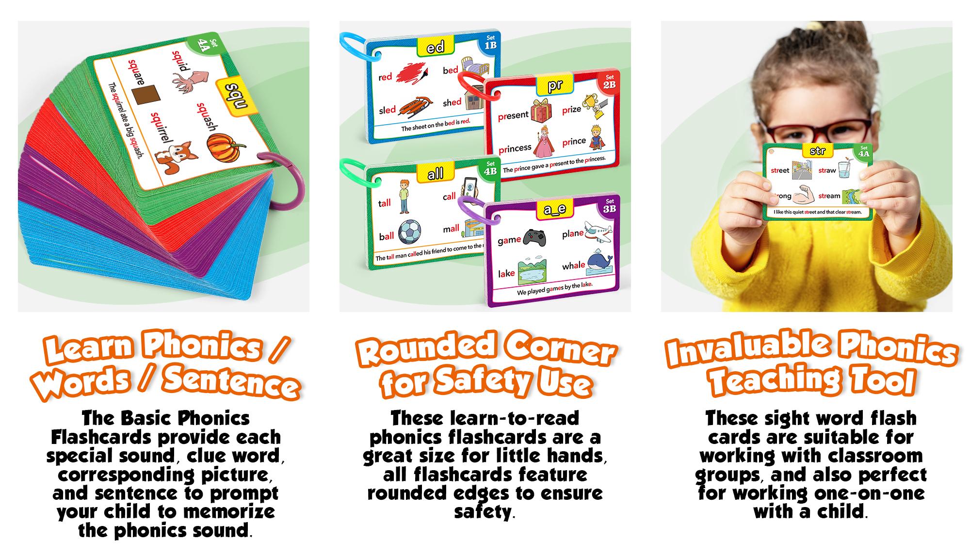 Torlam Phonics Flash Cards Learn to Read Spelling Reading Sight Words Games Include Digraphs CVC Blends Long Vowel Sounds 4 Levels Colorful Flashcards