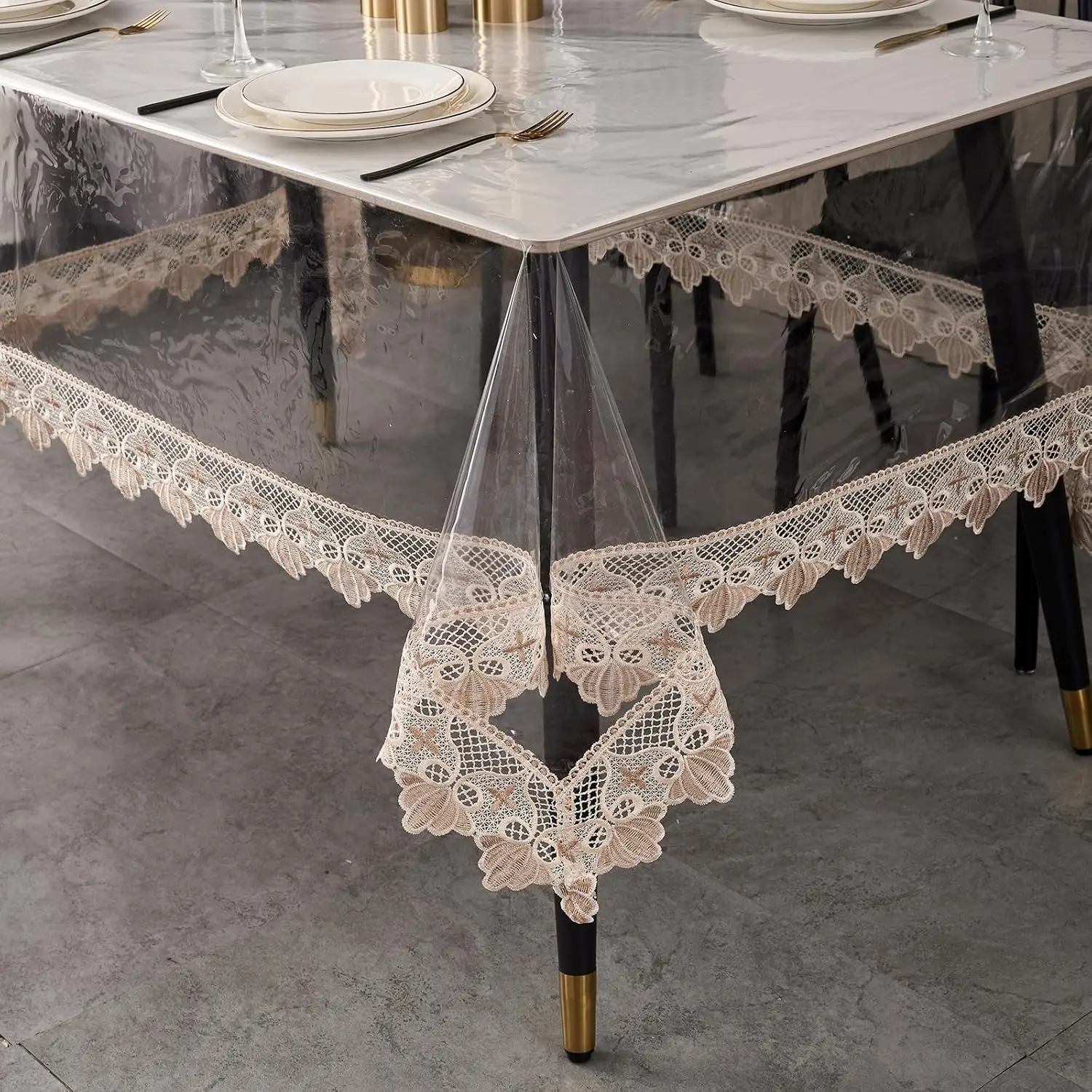 Clear Tablecloth Protector, 0.15mm Heavy Duty  Vinyl Table Cover with Elegant Lace Trim,  Clear Oilproof Wipeable  Square Tablecloths for Dining Table, 60 x 60 Inch