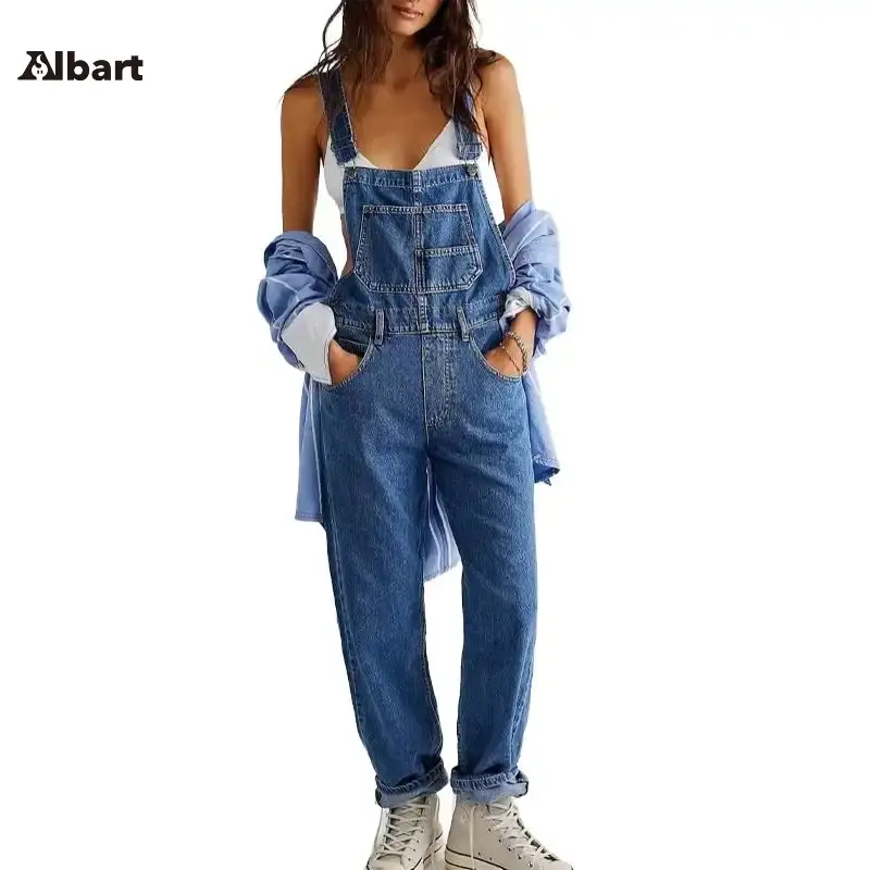 AIbart Women's Sleeveless Strappy Denim Bib Overalls - Casual Everyday Barrel Leg Adjustable Strap Jumpsuits with Pockets, Casual Overalls, Classic Denim Overalls, Chic Relaxed Overalls