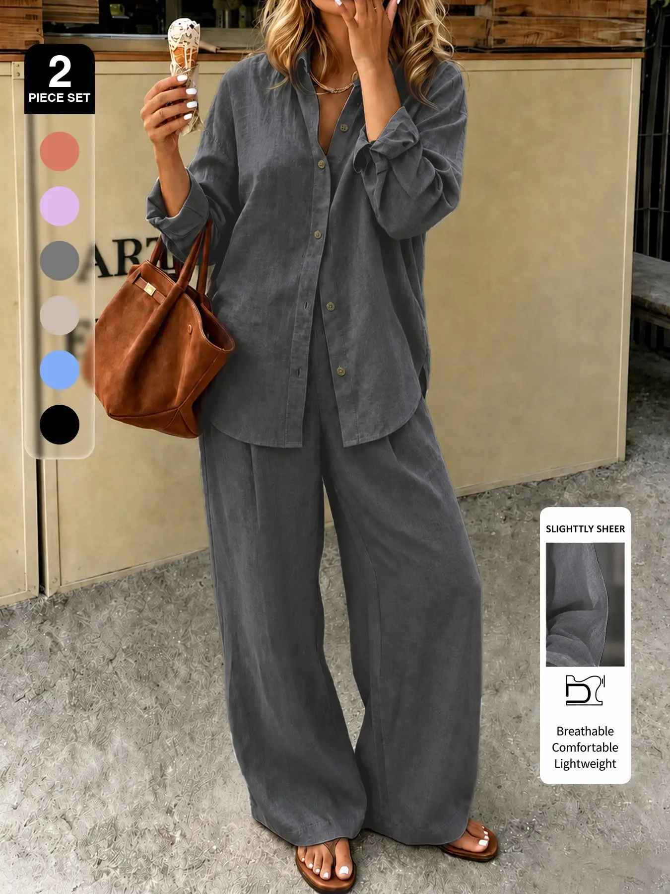 | 2-Piece Set | Women’s Lightweight Textured Button Shirt and Wide Leg Pants 2 Piece Set, Semi Sheer Long Sleeve Top with Loose Pants for Vacation, Travel, Coffee Run and Casual Daily Outfits