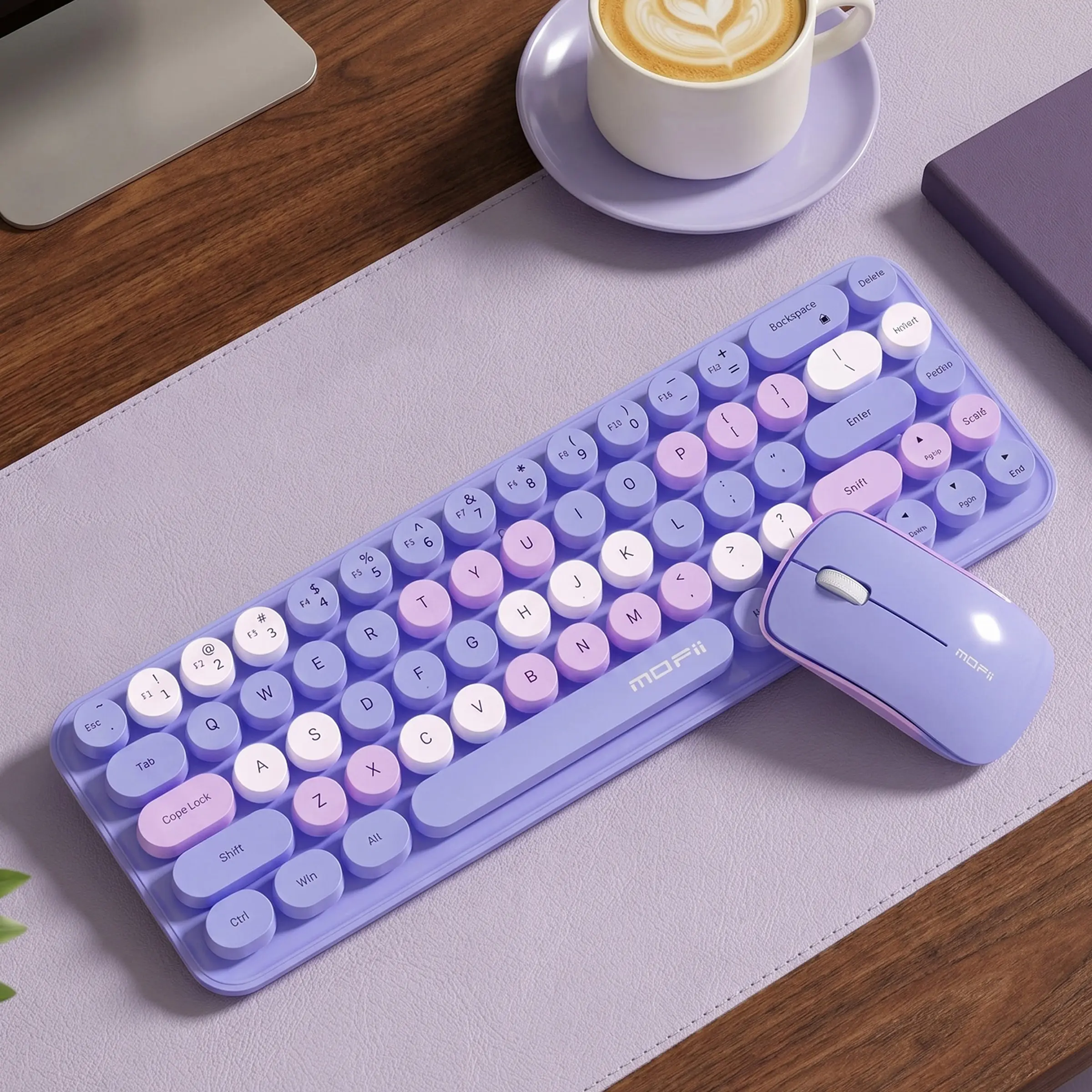 MOFii Purple Wireless Keyboard Mouse Set, Macaron Color Retro Round Keycaps 75% Compact Keyboard Combo, Works for Desktop & Laptop