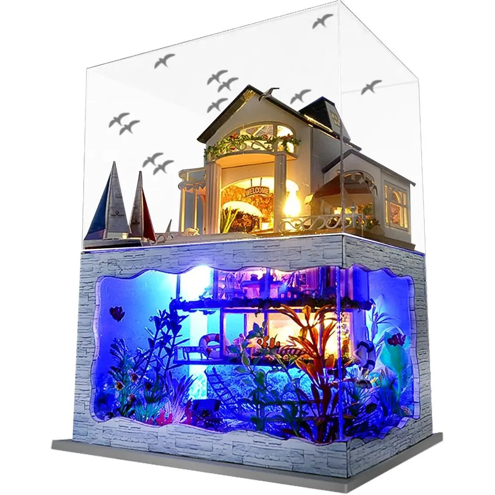 Spilay 1:24 Scale DIY Modern Villa Miniature Dollhouse Kit with Furniture, Dust Cover & Music Box, Hawaii Impression, Bookshelf Home Decor, Over 14+ Gift for Adult DIY Crafting & Kit Assembly Enthusiasts
