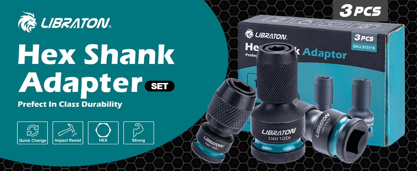 LIBRATON Impact to 1/4 Hex Converter, 1/2 3/8 1/4-INCH Drive Female to 1/4-Inch Hex Adapter, Impact Wrench Adapters for Ratchet Wrench Drivers, Impact Bit Holders, Quick-Change Chuck, Cr-Mo Steel