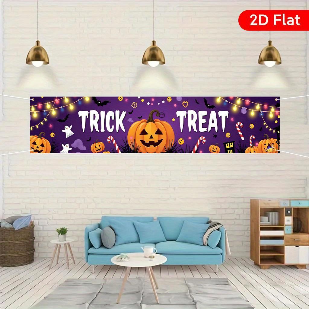 1Pcs 17.7x78.7IN 2D Flat Large Halloween Banner - Porch Fence Garden Yard Balcony Patio Door Backdrop - Durable Polyester with Pumpkin Bat Design - Indoor Outdoor Easy Hang Party Decor for Birthday Wedding Anniversary Fall