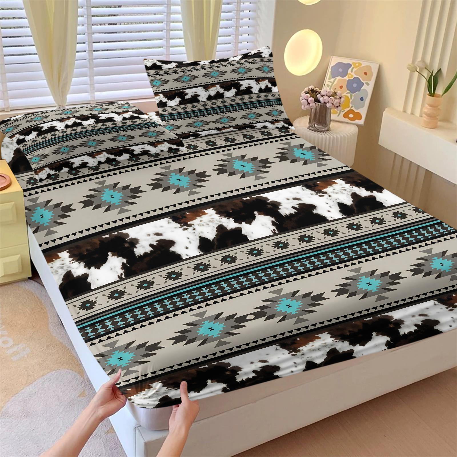 3Pcs Western Aztec Cow Print Fitted Sheet Set with 2 Pillowcases, Southwestern Turquoise Geometric Deep Pocket Elastic Mattress Cover, Boho Cowhide Tribal Bedding, Soft Microfiber Non-slip Bedspread, Printed Bedding Set for Bedroom Decor Bedset